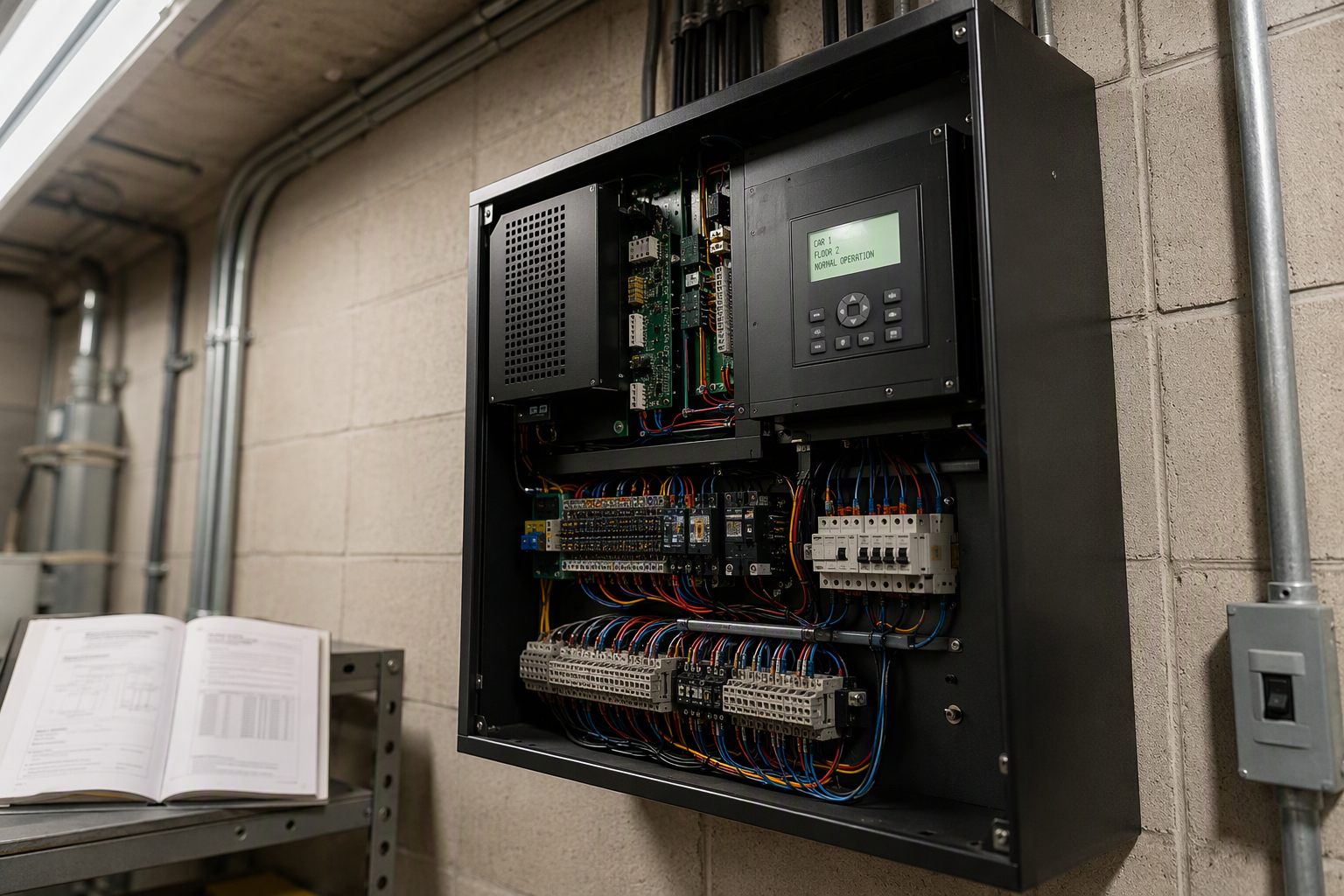 Elevator Machine Room Controller Replacement New solid-state elevator controller installed in a Washington DC hospital machine room during a commercial elevator modernization project, 2026