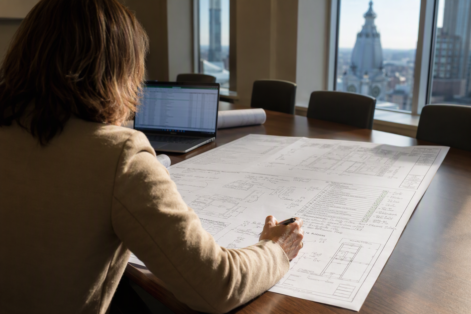 Facility Manager Reviewing Elevator Modernization Scope Healthcare facility manager reviewing commercial elevator modernization cost proposal and compliance checklist at a Philadelphia hospital administrative office in 2026