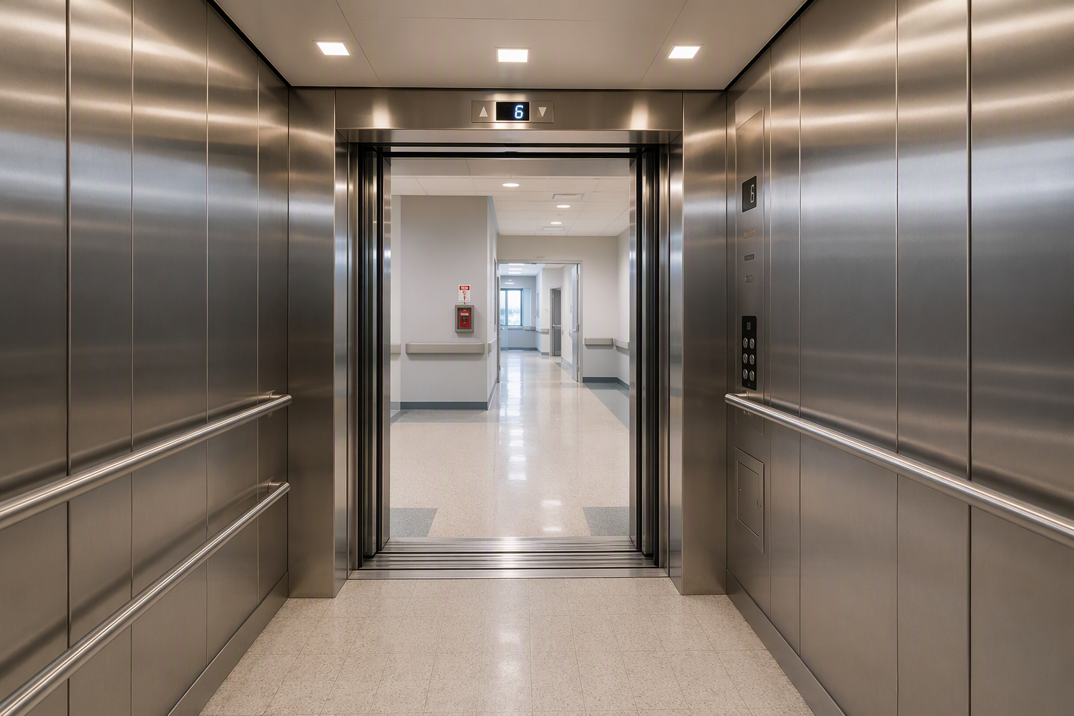 Modernized Healthcare Elevator Cab Interior Newly modernized commercial elevator cab interior in a Baltimore healthcare facility, showing ADA-compliant stainless steel fixtures and LED lighting — elevator modernization cost 2026
