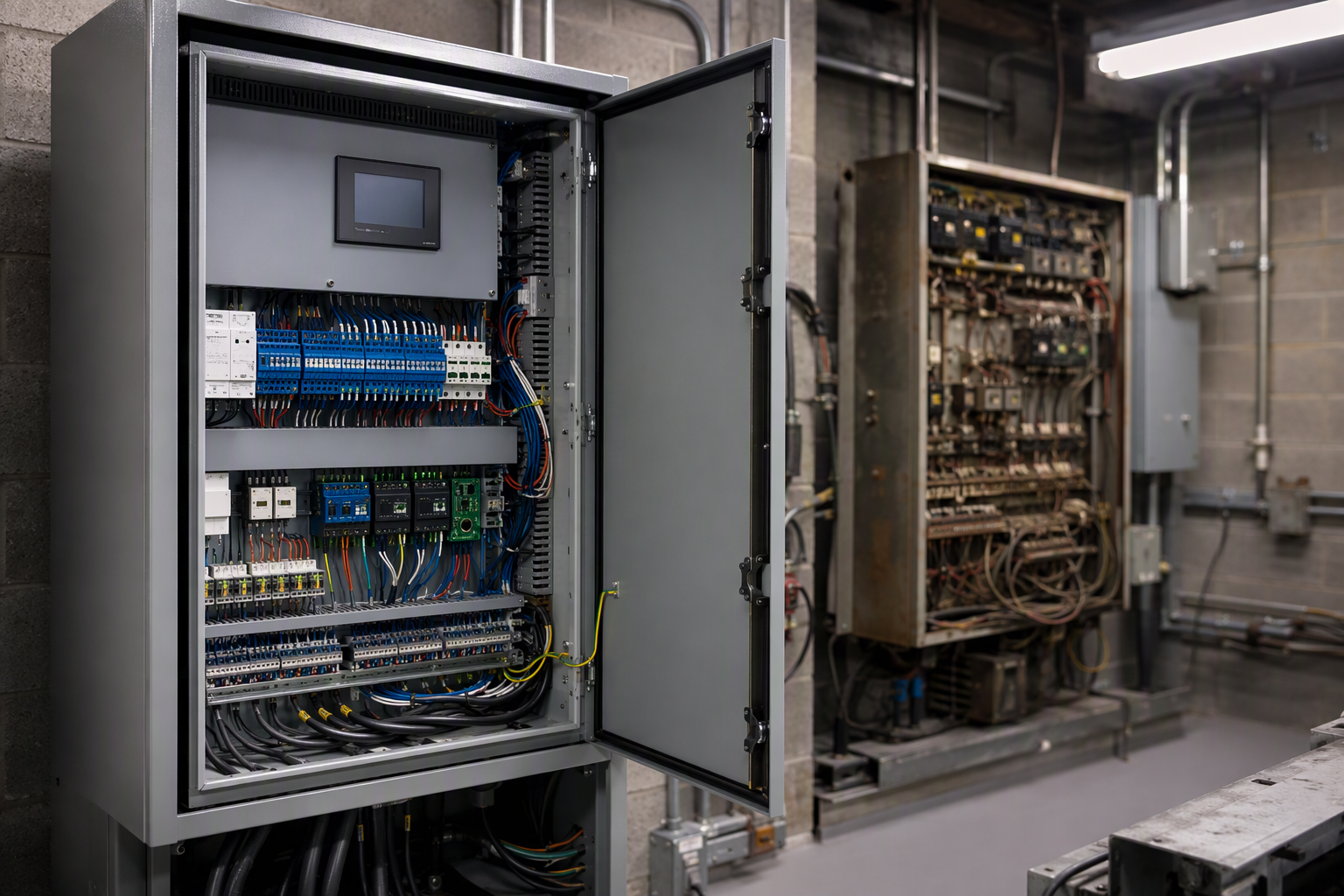 New solid-state elevator controller installed in a commercial machine room next to an older relay-logic panel, showing the scope of a commercial elevator modernization project