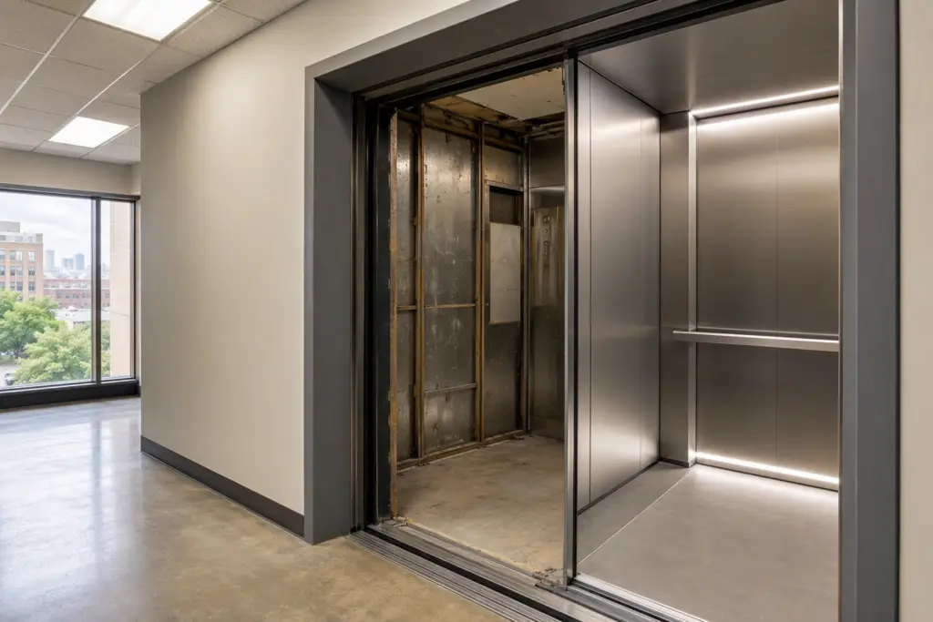 Commercial elevator cab mid-modernization in a Baltimore office building lobby, showing stripped old interior beside a newly installed brushed-stainless panel with LED lighting