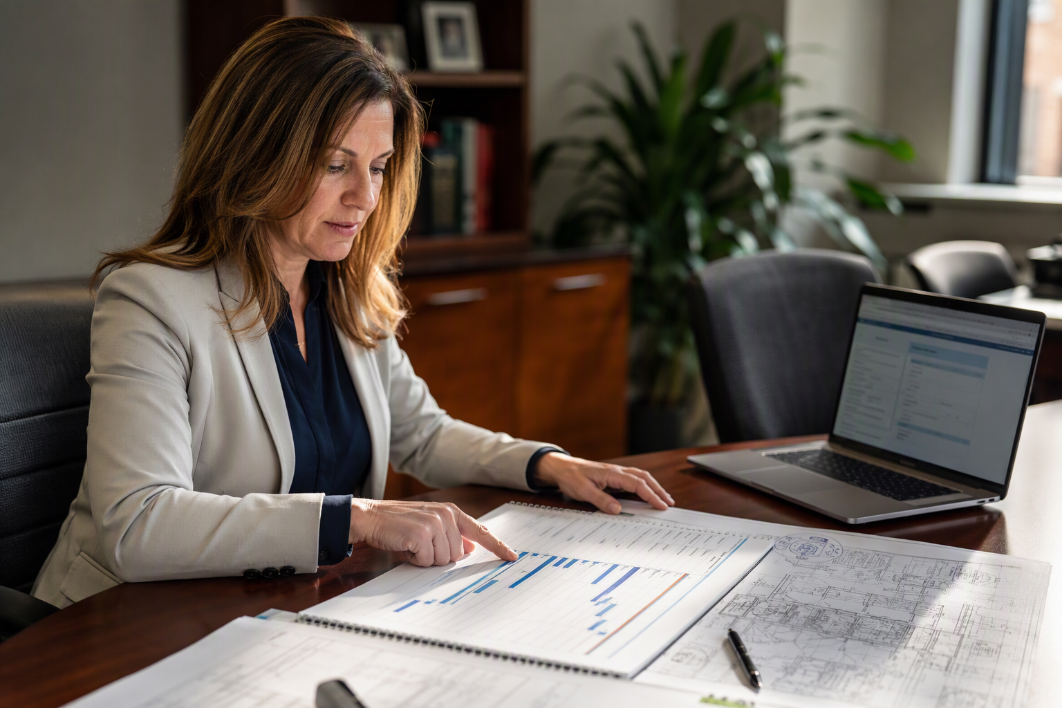 Building manager reviewing a commercial elevator modernization project timeline and permit drawings at a property management office desk in Washington DC