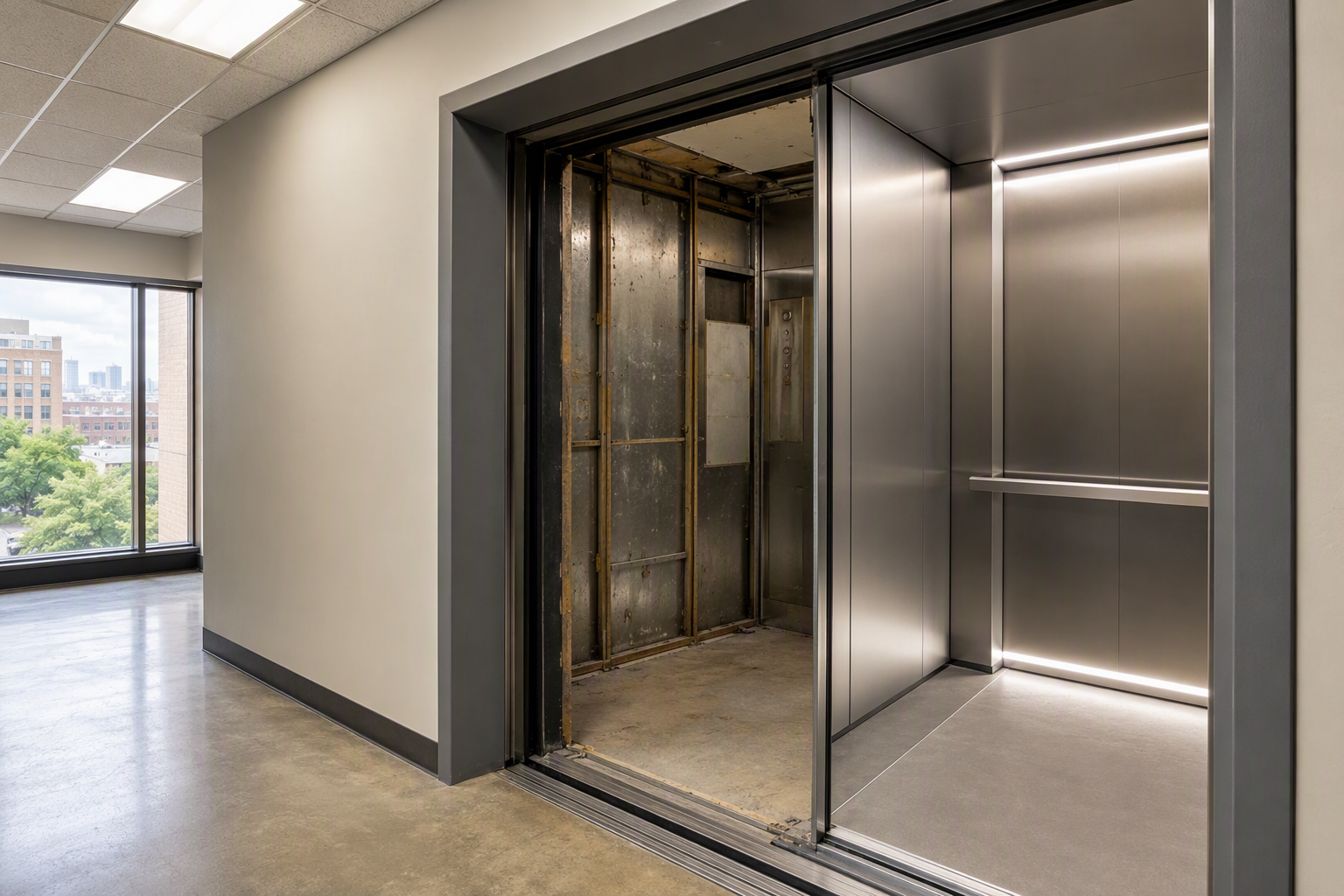 Commercial elevator cab mid-modernization in a Baltimore office building lobby, showing stripped old interior beside a newly installed brushed-stainless panel with LED lighting