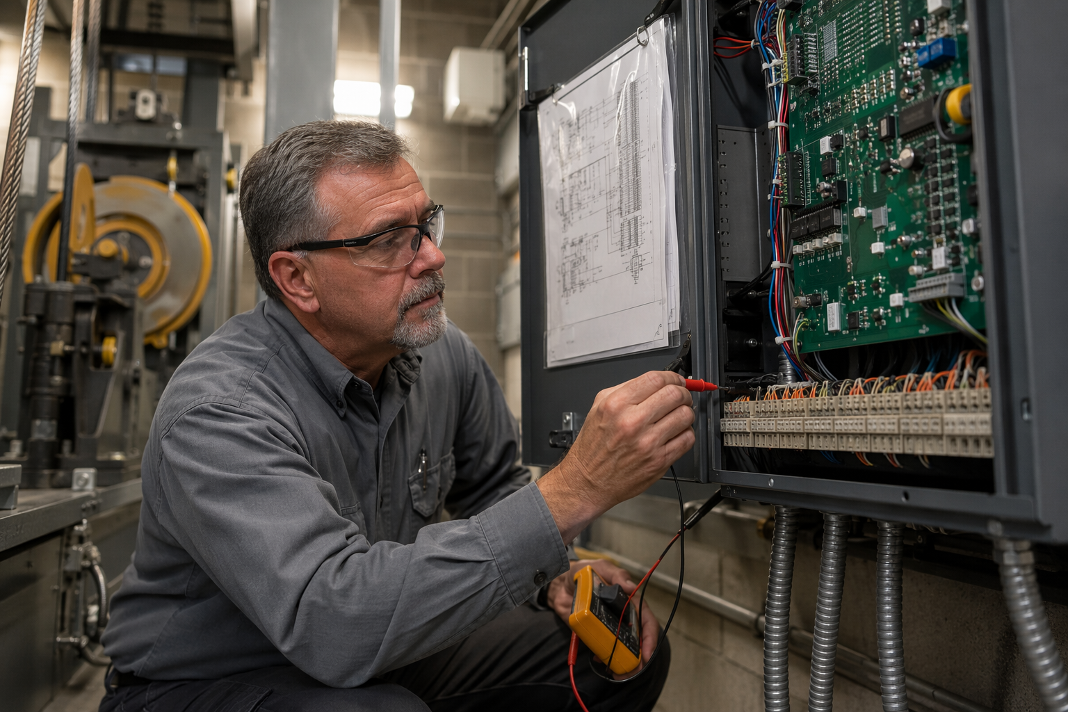 Licensed elevator mechanic inspecting a commercial elevator controller cabinet in a Baltimore machine room, representing capital repair budgeting for aging elevator components.