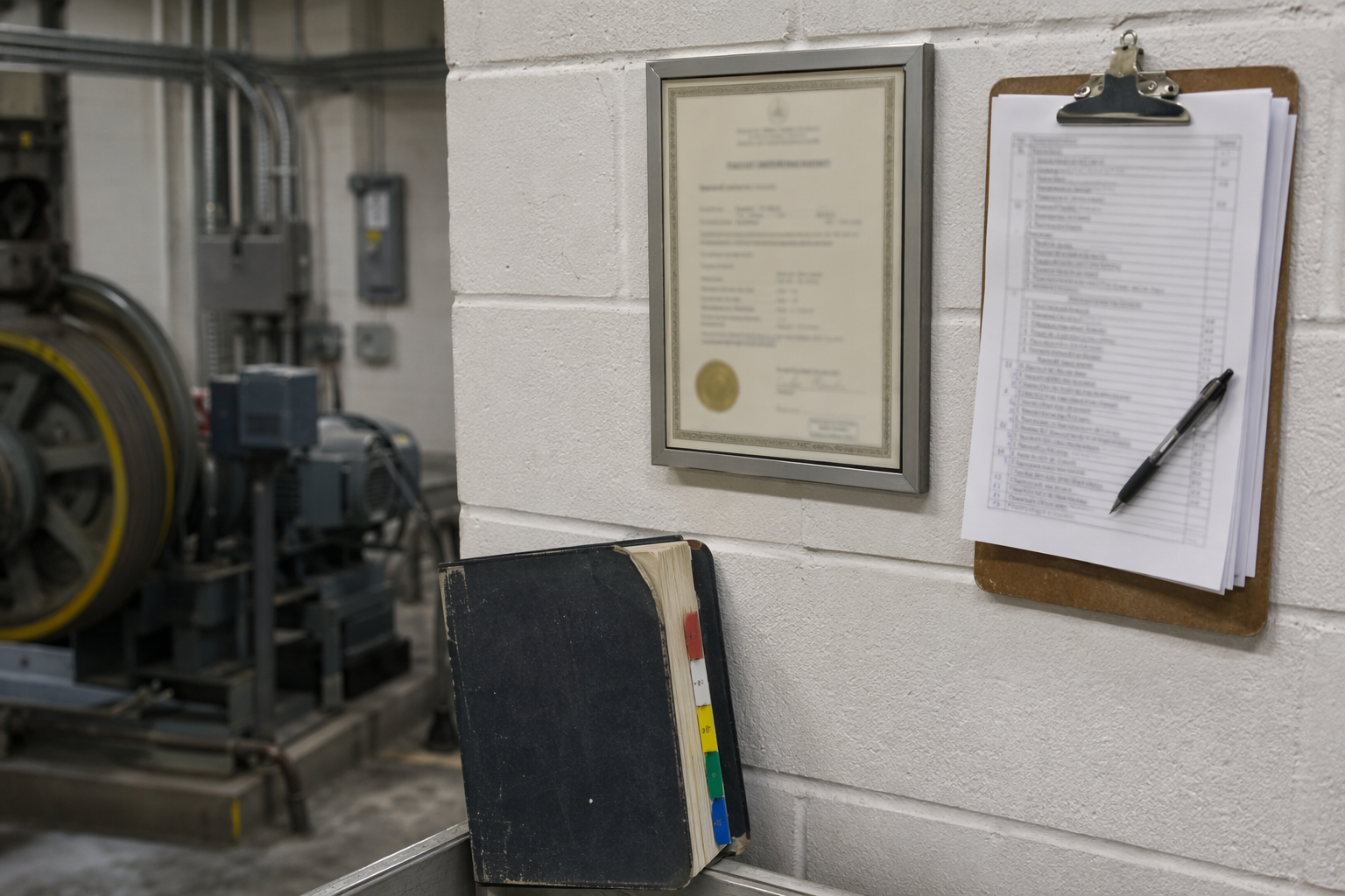 Elevator operating certificate and inspection compliance documents mounted in a Philadelphia commercial building machine room, illustrating mandatory ASME A17.1 and A17.3 inspection cost requirements.