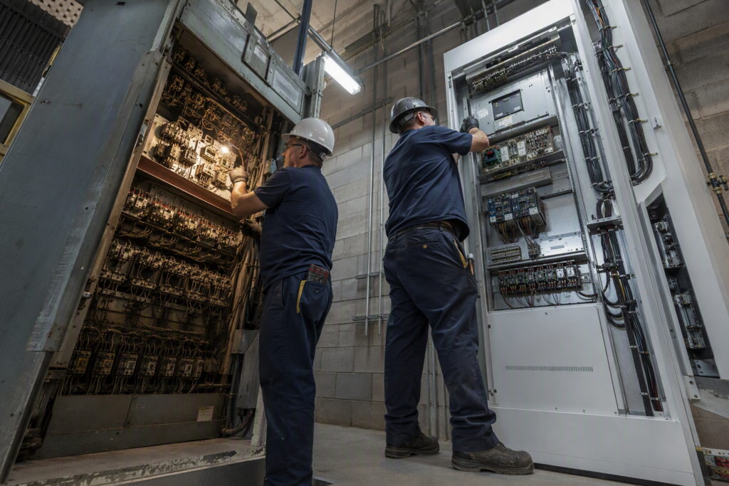 Old relay controller beside new microprocessor controller during elevator modernization in a Washington DC commercial building, showing mandatory code upgrade scope