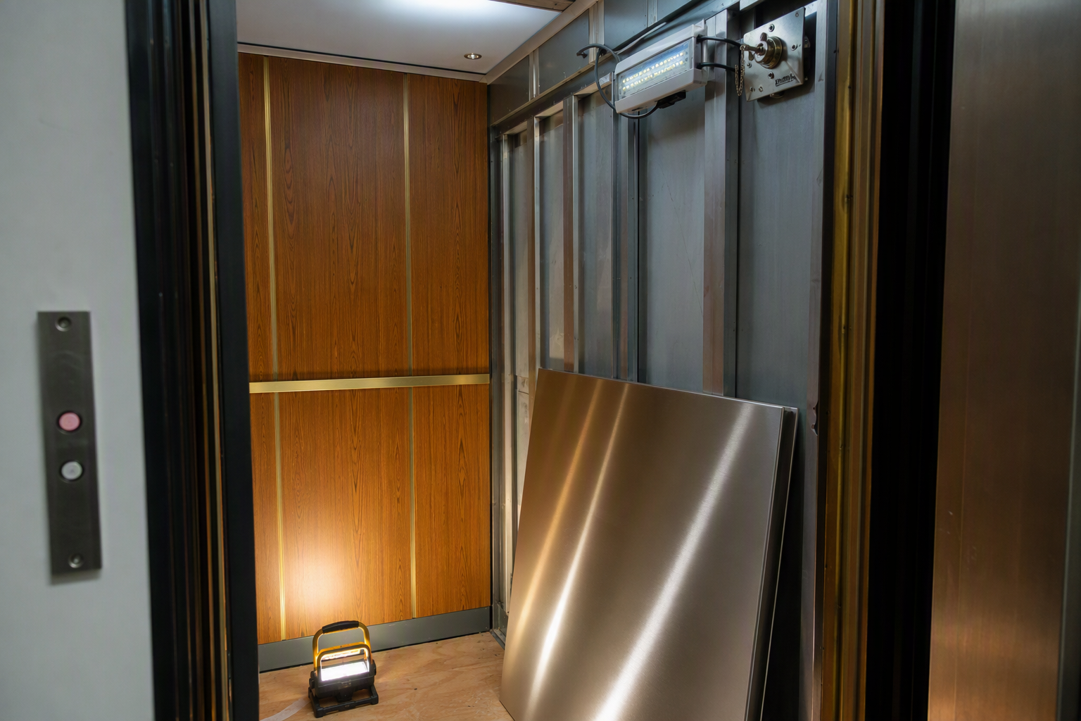 Cab Interior Code Upgrades During Elevator Modernization — Philadelphia PA Elevator cab interior mid-modernization in Philadelphia PA showing new firefighters emergency operation keyswitch and emergency lighting installed as required code upgrades