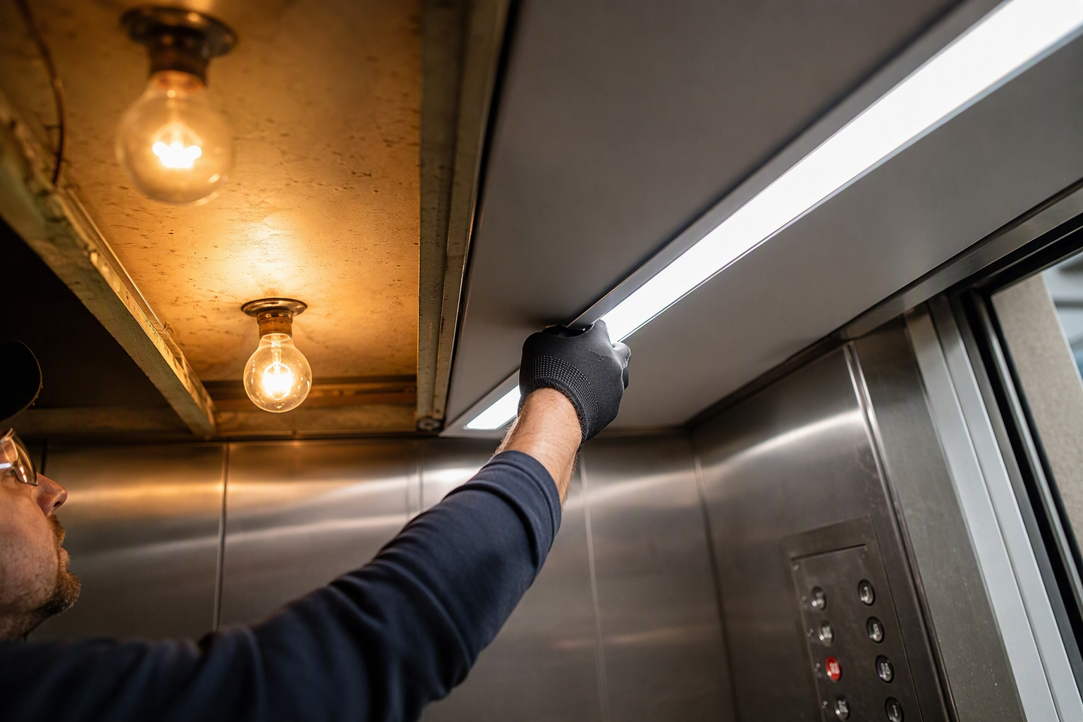 LED Lighting Retrofit in Elevator Cab Elevator cab ceiling showing incandescent fixtures on one side and new LED lighting being installed on the other during an energy efficiency retrofit