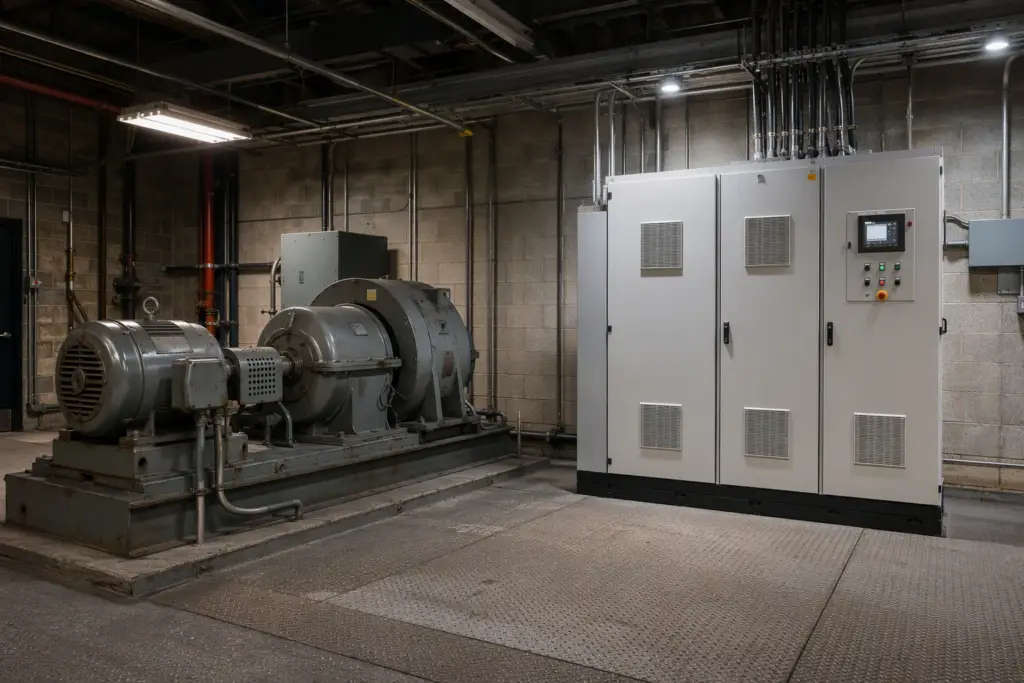 Side-by-side comparison of an older DC motor-generator elevator drive and a modern variable-frequency drive controller in a Baltimore commercial building machine room