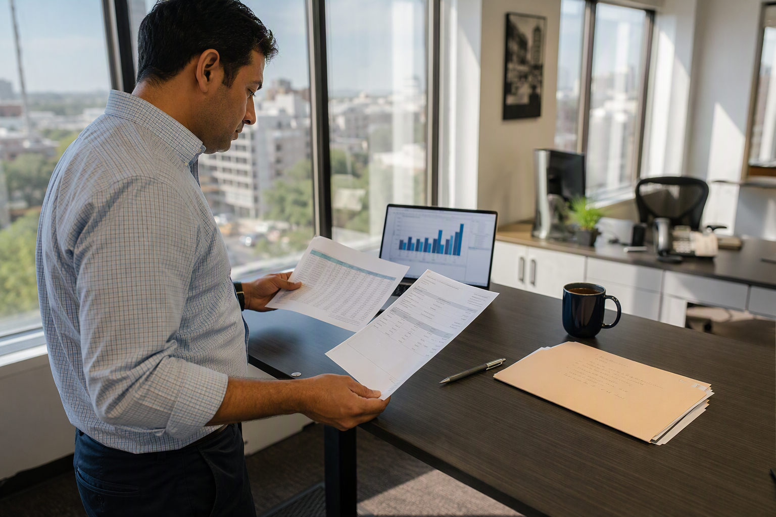 Evaluating Elevator Energy Upgrade ROI Building manager reviewing elevator energy consumption data and utility costs at a desk to evaluate whether an efficiency upgrade will reduce operating costs