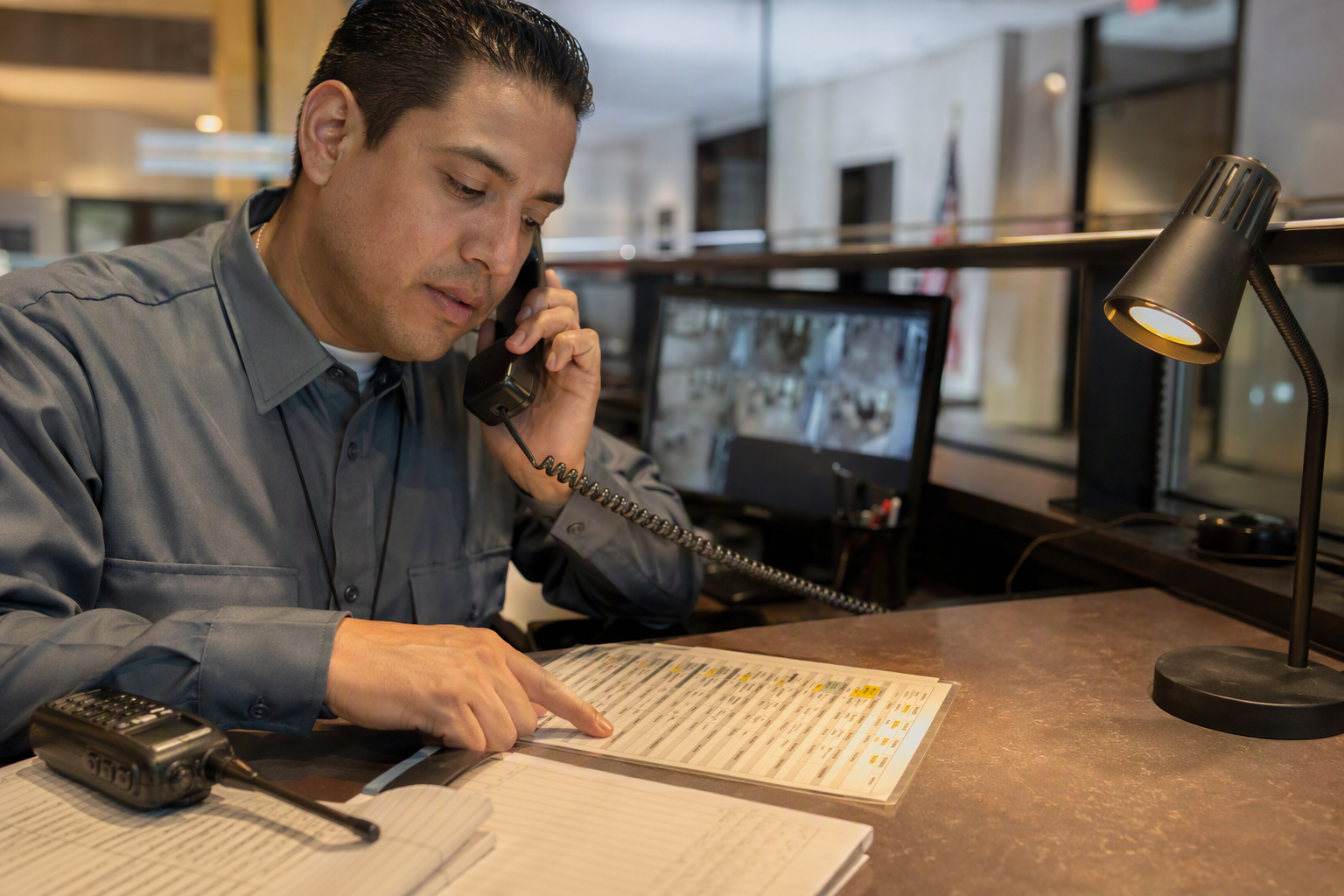 Security staff member at Washington DC building desk calling elevator emergency service line while referencing a posted emergency contact sheet during an entrapment situation