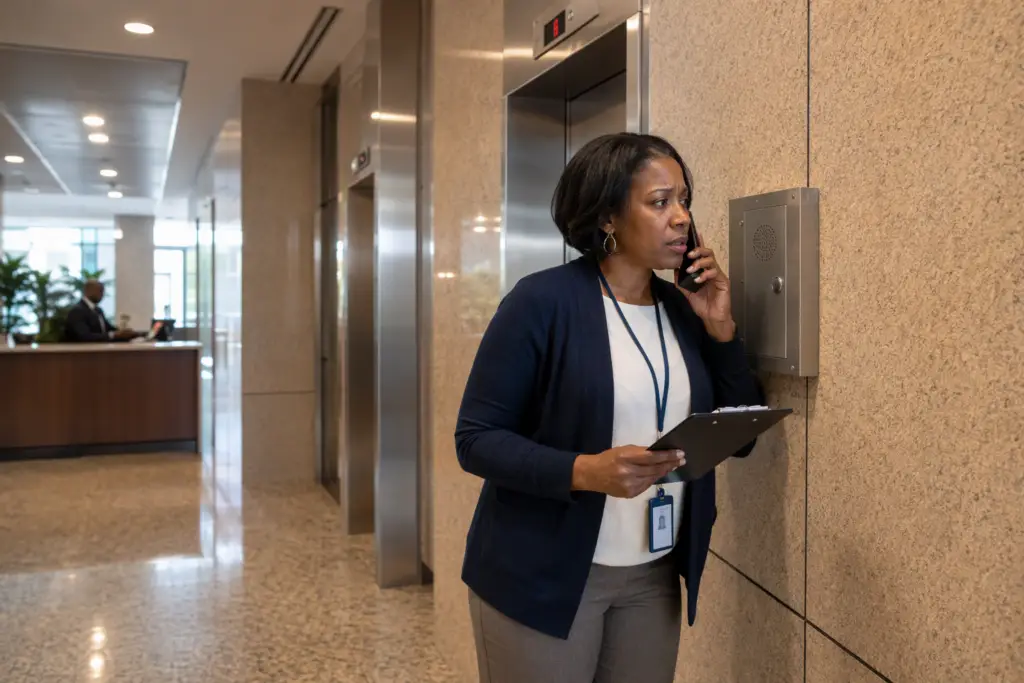 Building manager using wall intercom to communicate with trapped elevator passengers during an entrapment emergency in a Baltimore mid-rise office lobby