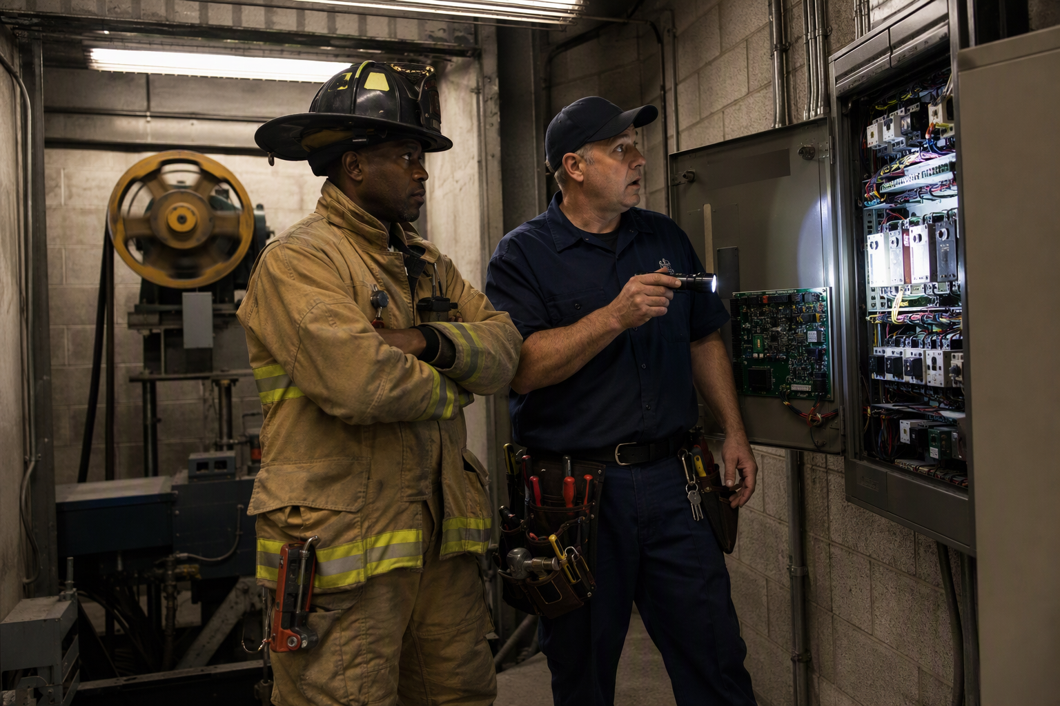 Licensed elevator technician and Philadelphia fire department first responder coordinating in an elevator machine room to resolve an entrapment emergency