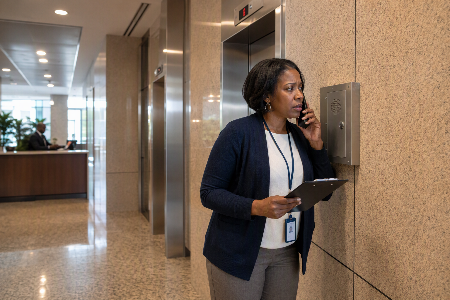Building manager using wall intercom to communicate with trapped elevator passengers during an entrapment emergency in a Baltimore mid-rise office lobby