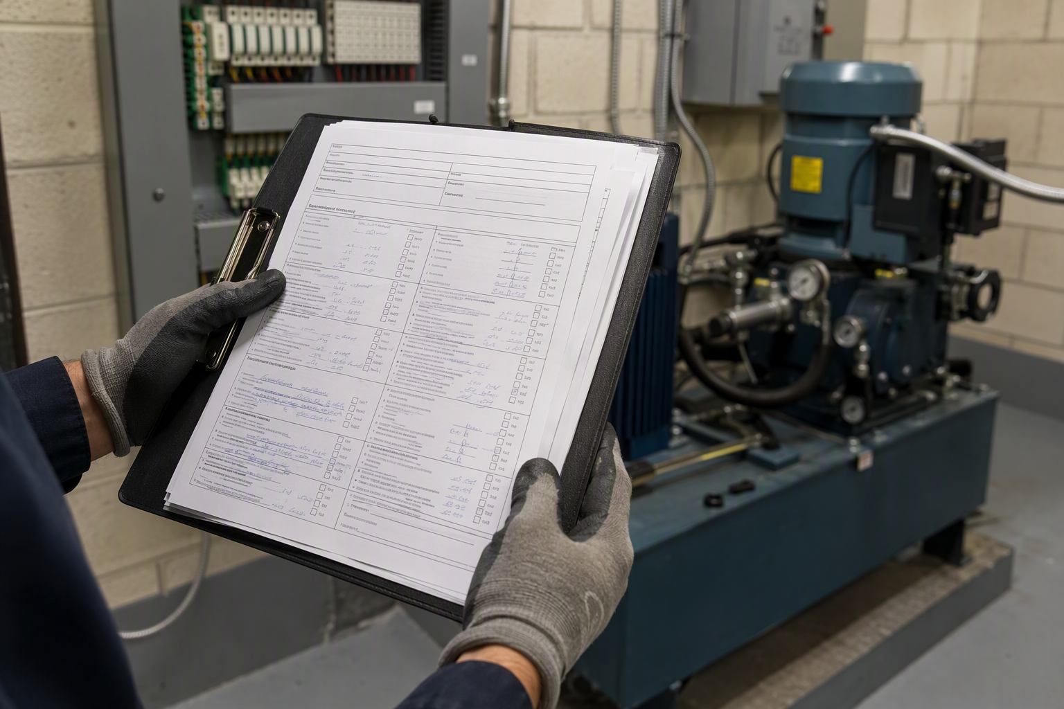 Licensed elevator mechanic reviewing an ASME A17.1 violation notice on a clipboard inside an elevator machine room, controller cabinet visible in background.