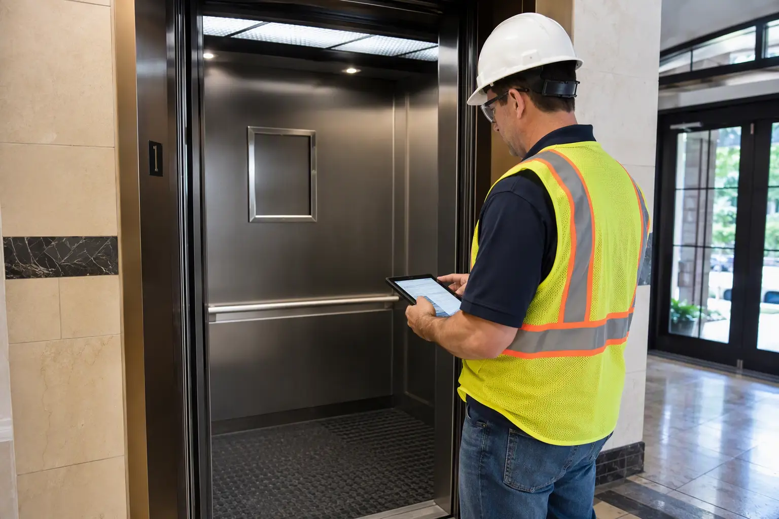 State elevator inspector documenting findings on a tablet inside a parked elevator cab in a Washington DC residential building during a compliance reinspection.