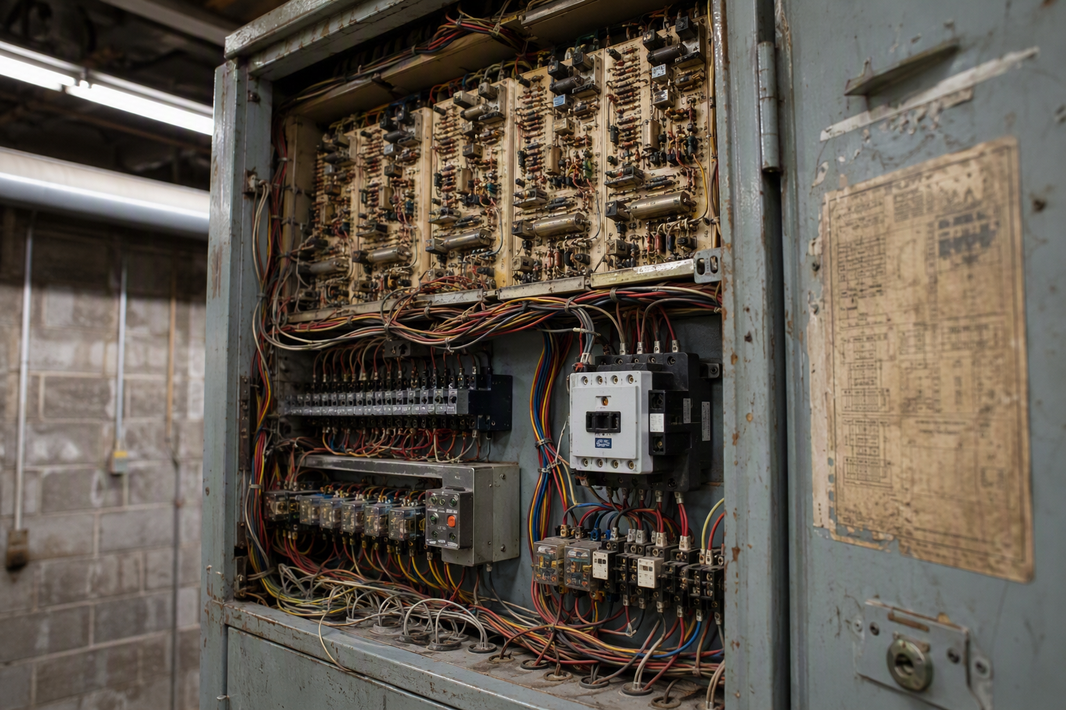 Obsolete Elevator Controller Components Open elevator controller cabinet showing obsolete relay boards alongside newer retrofit parts, a key factor in deciding whether elevator modernization or replacement is needed.