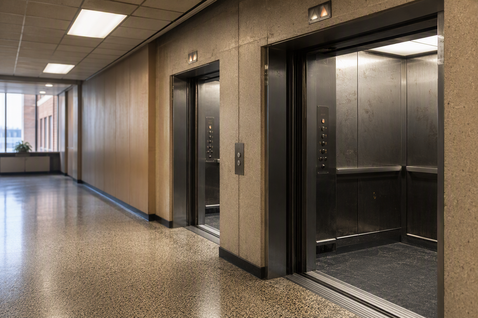 Aging Commercial Elevator Bank Aged commercial elevator bank with worn cab interior in a Baltimore office building, illustrating how long elevators last before modernization is needed.