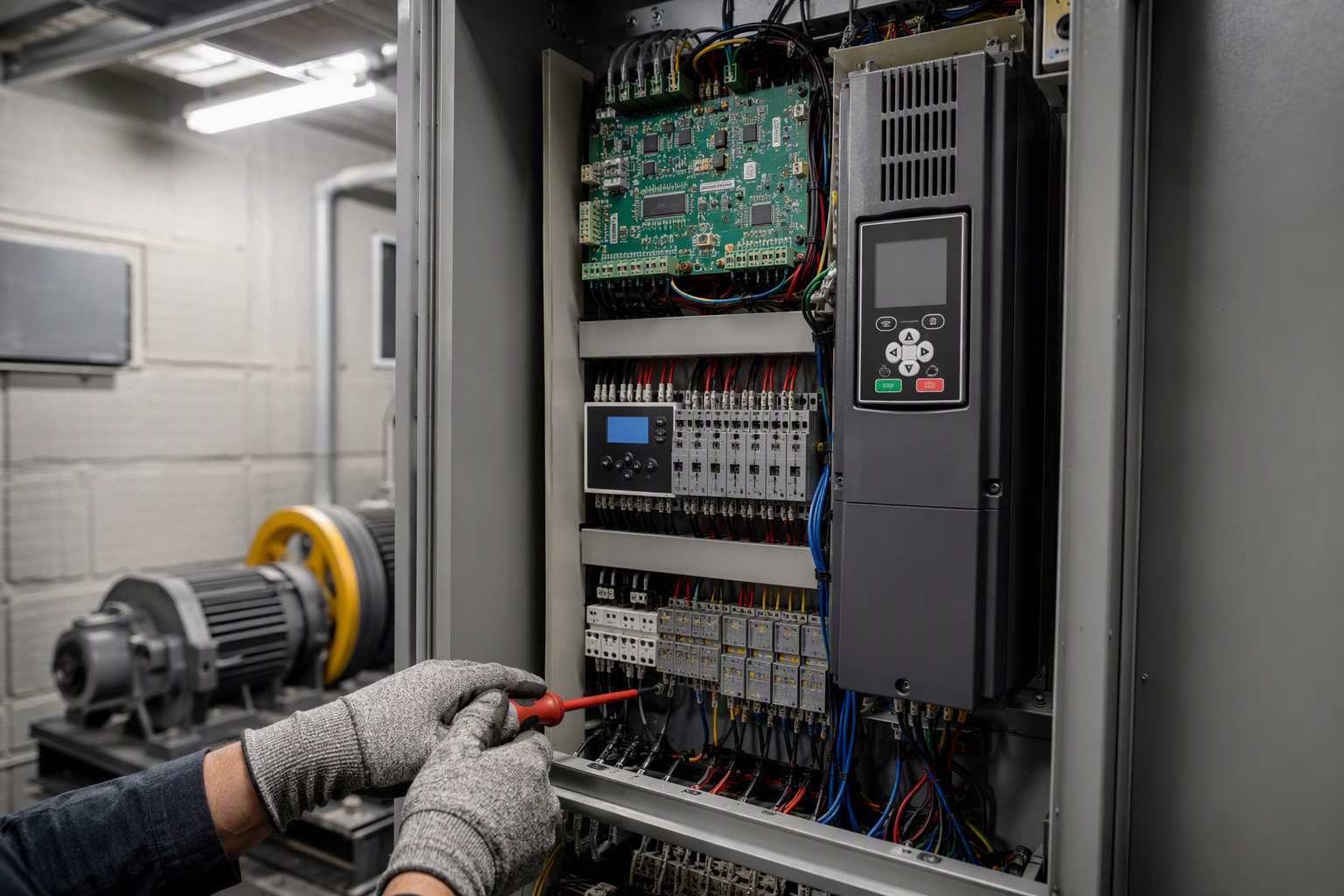 Elevator Control System Replacement Open elevator control panel in a commercial machine room showing new microprocessor controls, variable-frequency drive, and wiring harness — a primary cost category in elevator modernization