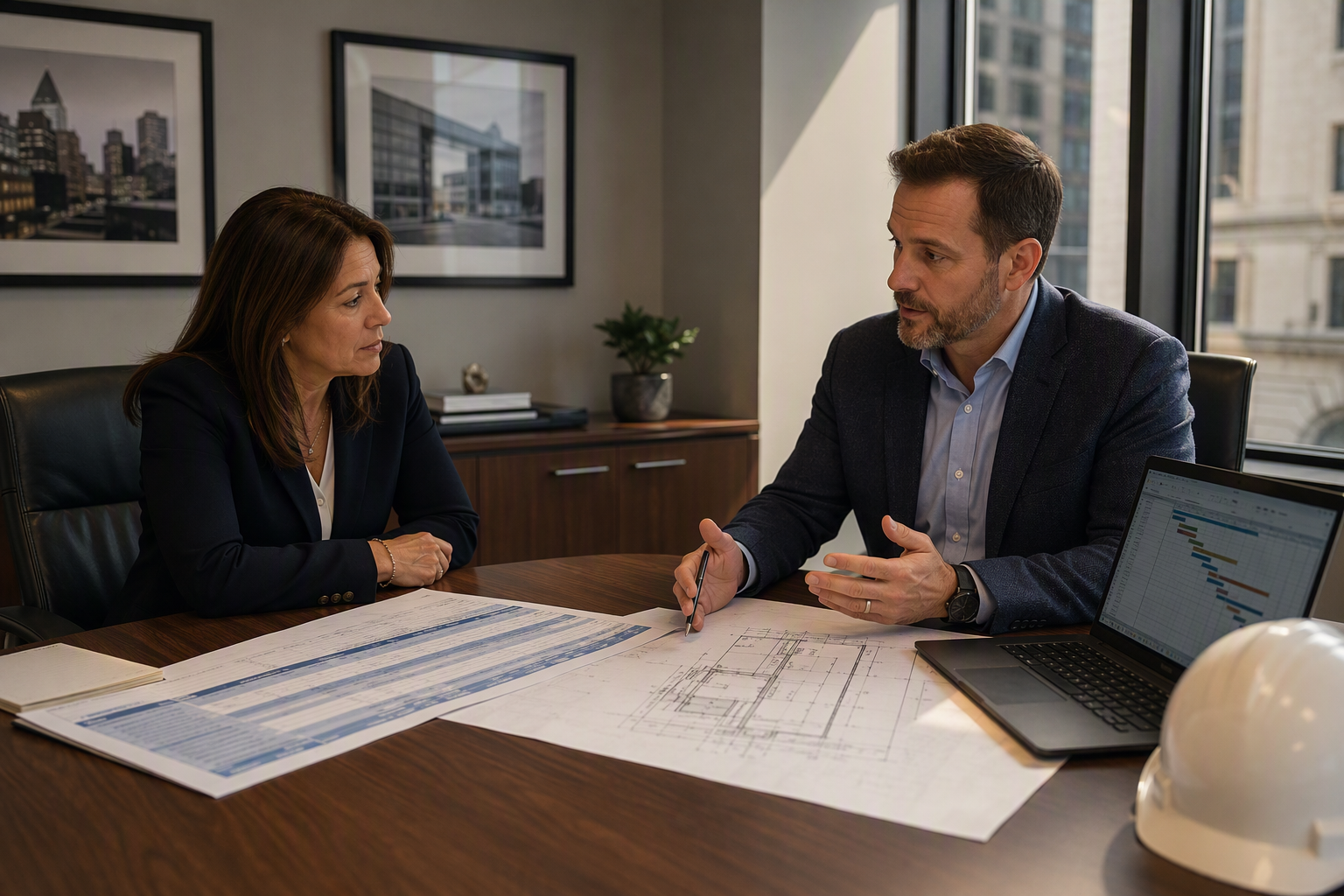 Reviewing Elevator Modernization Cost Estimates Building manager and elevator modernization consultant reviewing commercial elevator cost estimate and hoistway drawings at a Washington DC property management office