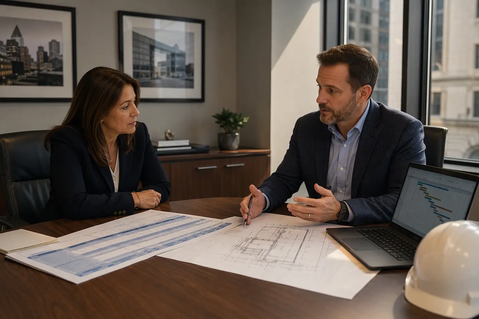 Building manager and elevator modernization consultant reviewing commercial elevator cost estimate and hoistway drawings at a Washington DC property management office