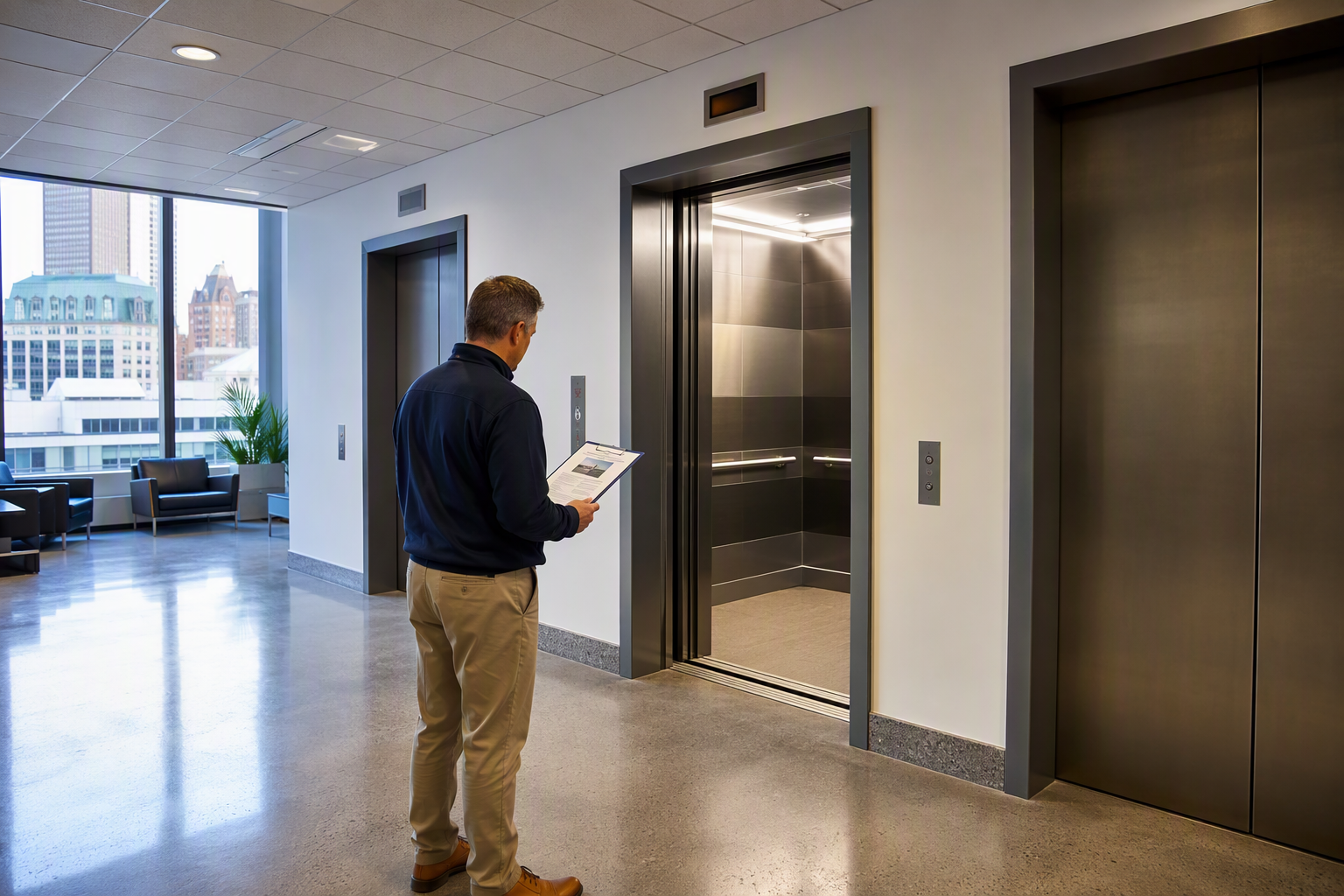 Commercial Elevator Modernization Overview Commercial building elevator lobby in Baltimore showing modernized cab interior with LED lighting, stainless steel walls, and new digital floor display during modernization project