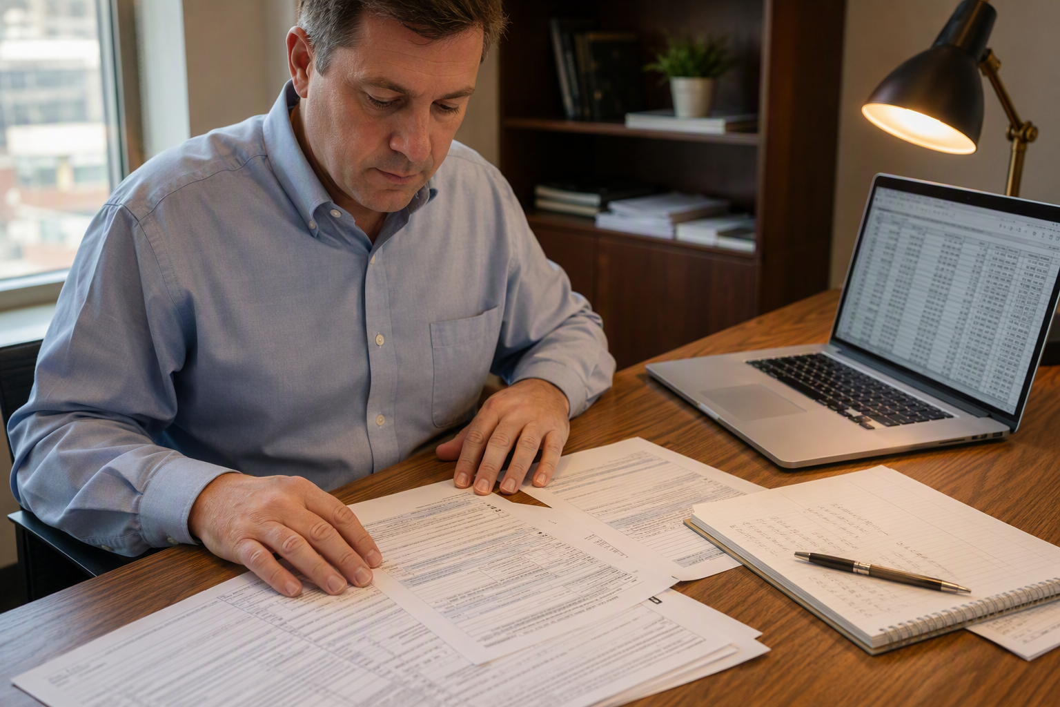 Reviewing Federal Tax Incentives for Elevator Upgrades Commercial building owner reviewing federal ADA tax credit and energy deduction documents at a desk while assessing elevator modernization financing options.