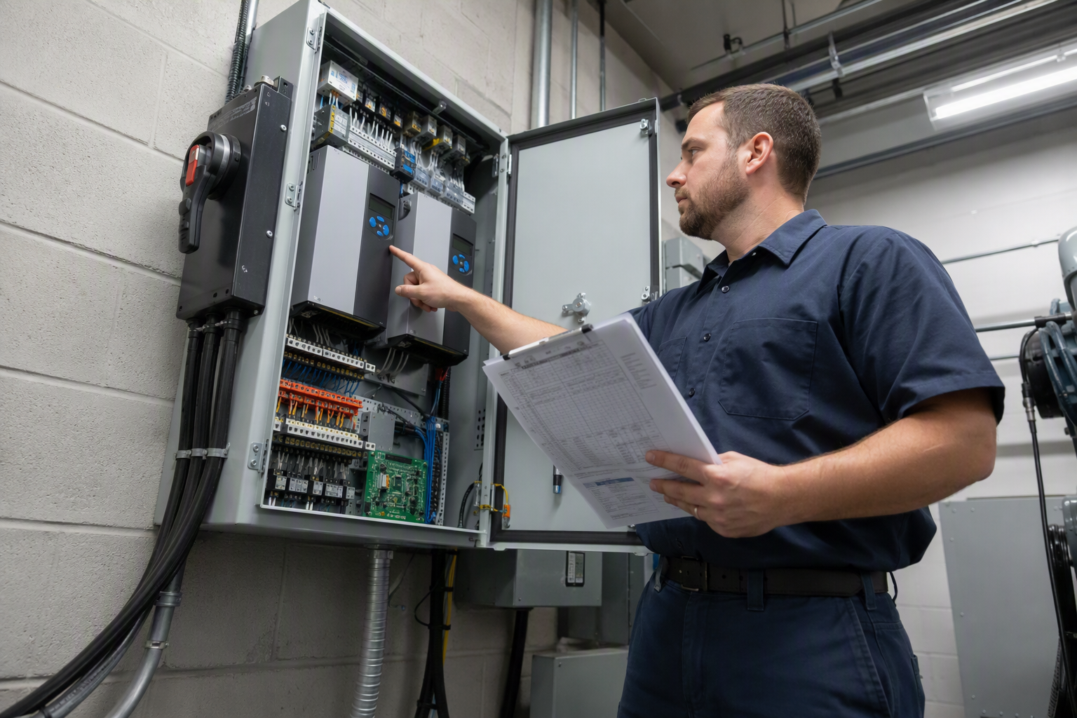 Regenerative Drive Installation Supporting Maryland Energy Rebates Elevator technician reviewing energy profile documentation beside a newly installed regenerative AC drive controller in a Baltimore commercial building machine room.