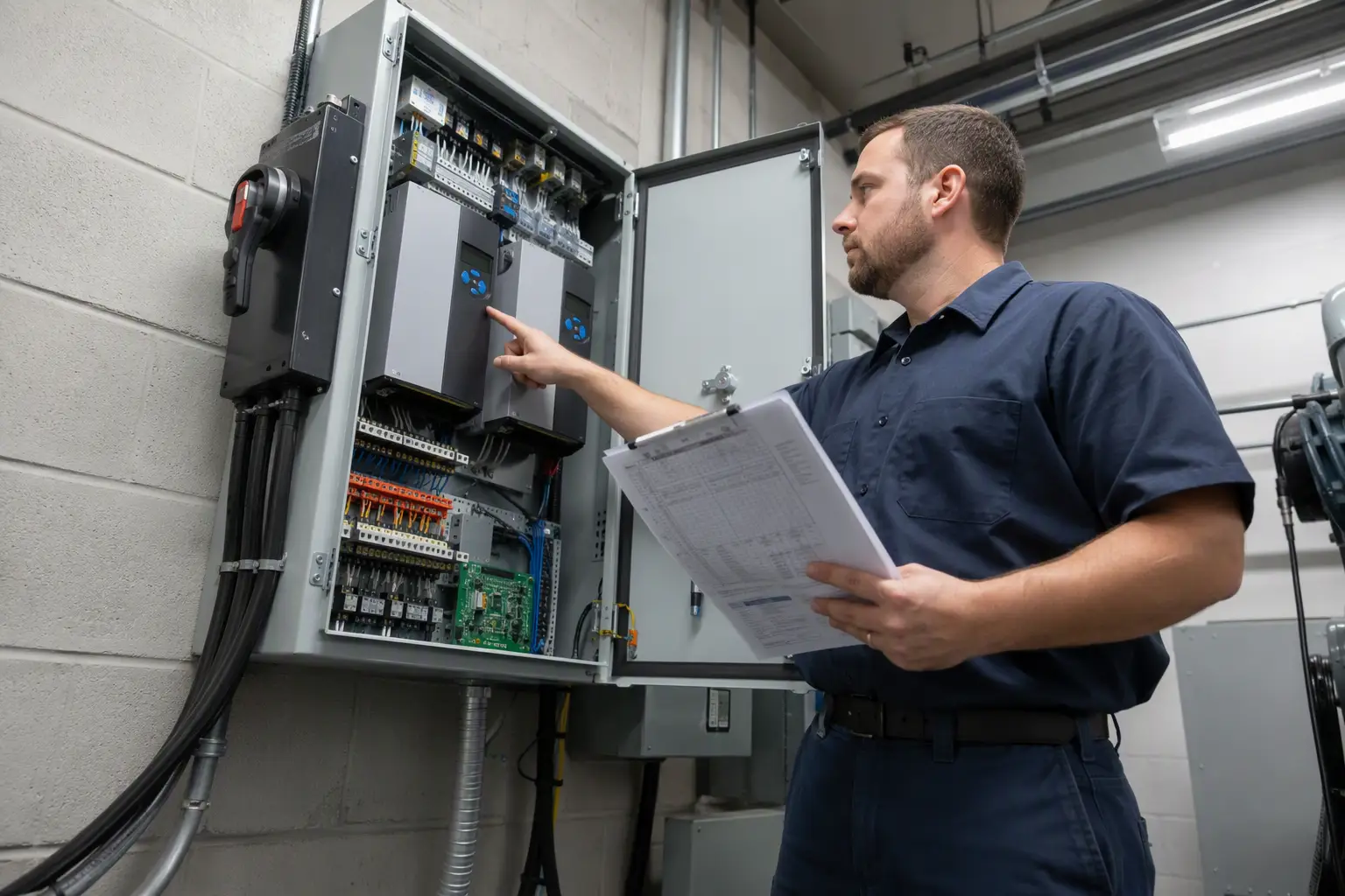 Regenerative Drive Installation Supporting Maryland Energy Rebates Elevator technician reviewing energy profile documentation beside a newly installed regenerative AC drive controller in a Baltimore commercial building machine room.