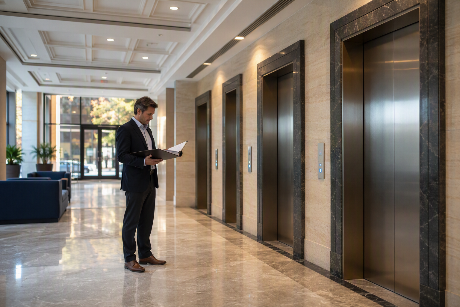 Commercial Elevator Modernization Planning in Baltimore Baltimore commercial building lobby with modernized elevator bank, showing a building manager reviewing elevator modernization financing documents near stainless steel elevator doors.