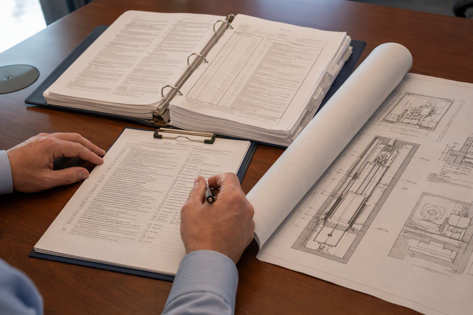 Property manager reviewing Maryland elevator permit application and ASME A17.1 code documents before starting a modernization or replacement project
