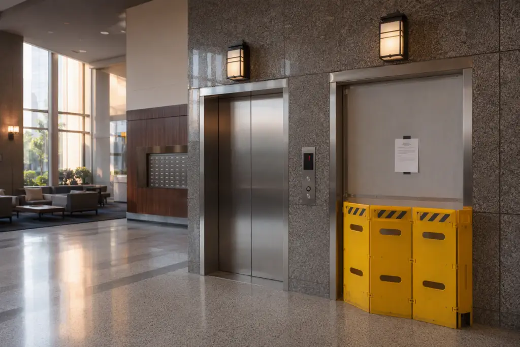 Baltimore mid-rise building lobby with one elevator operational and one bay cordoned off during a planned modernization project, showing phased tenant disruption management