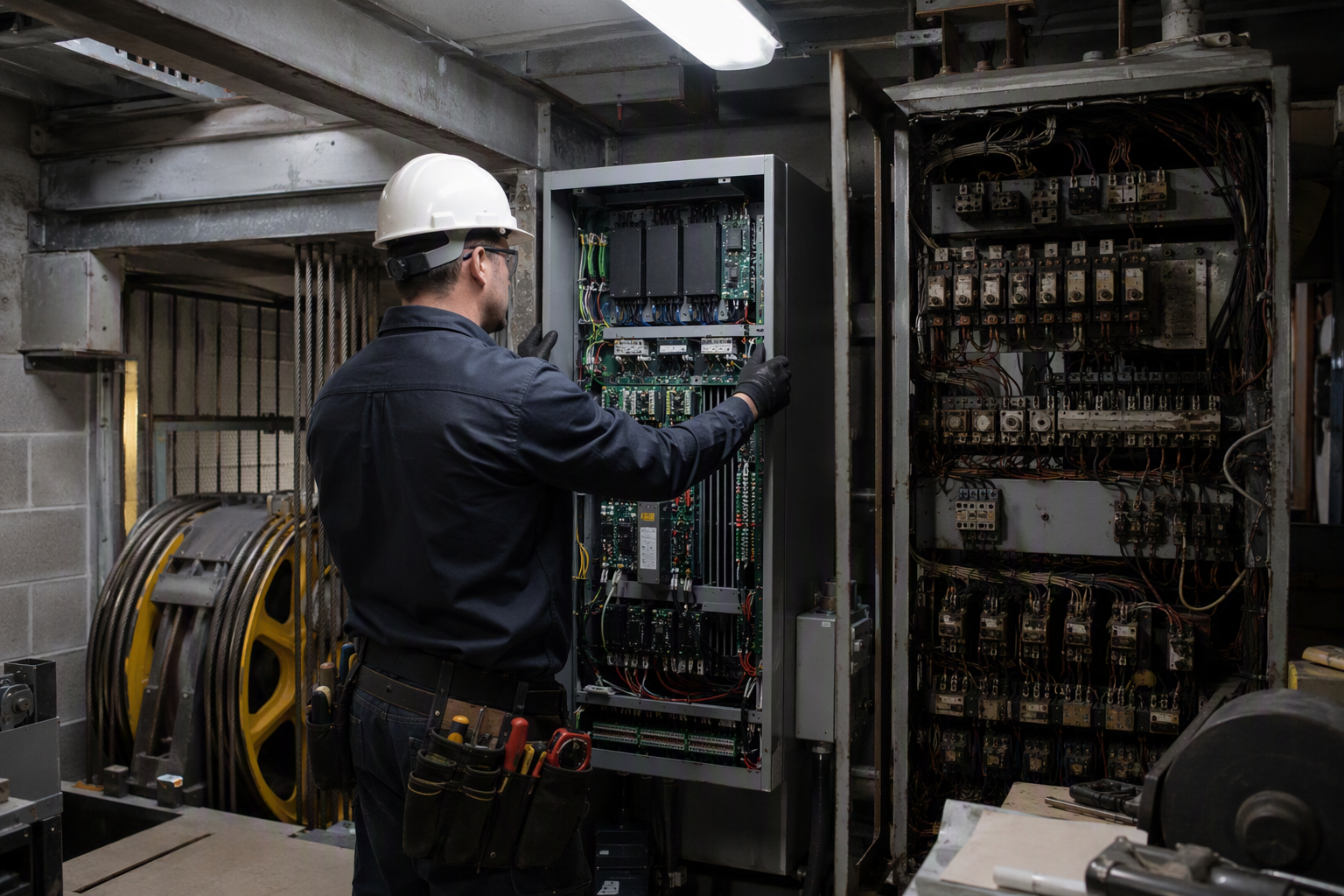 Elevator technician installing a modern controller in a Baltimore building machine room during an elevator modernization project, replacing legacy relay-based equipment