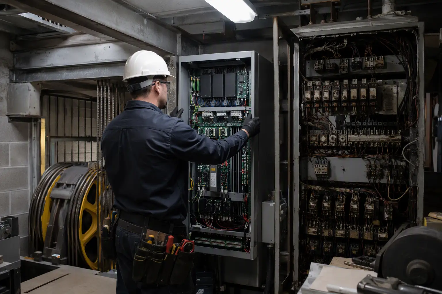 Elevator technician installing a modern controller in a Baltimore building machine room during an elevator modernization project, replacing legacy relay-based equipment
