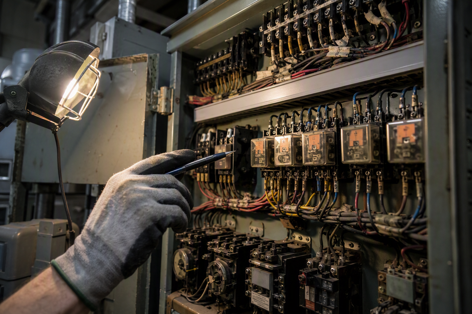 Aging elevator controller cabinet with original relay logic components in a machine room, illustrating why obsolete parts availability affects the repair-vs-modernize decision