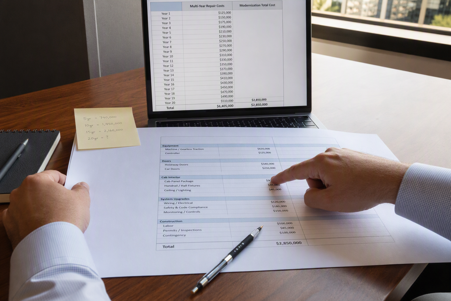 Building manager reviewing elevator repair versus modernization cost comparison documents at a desk, illustrating the 50 percent repair-cost threshold decision framework