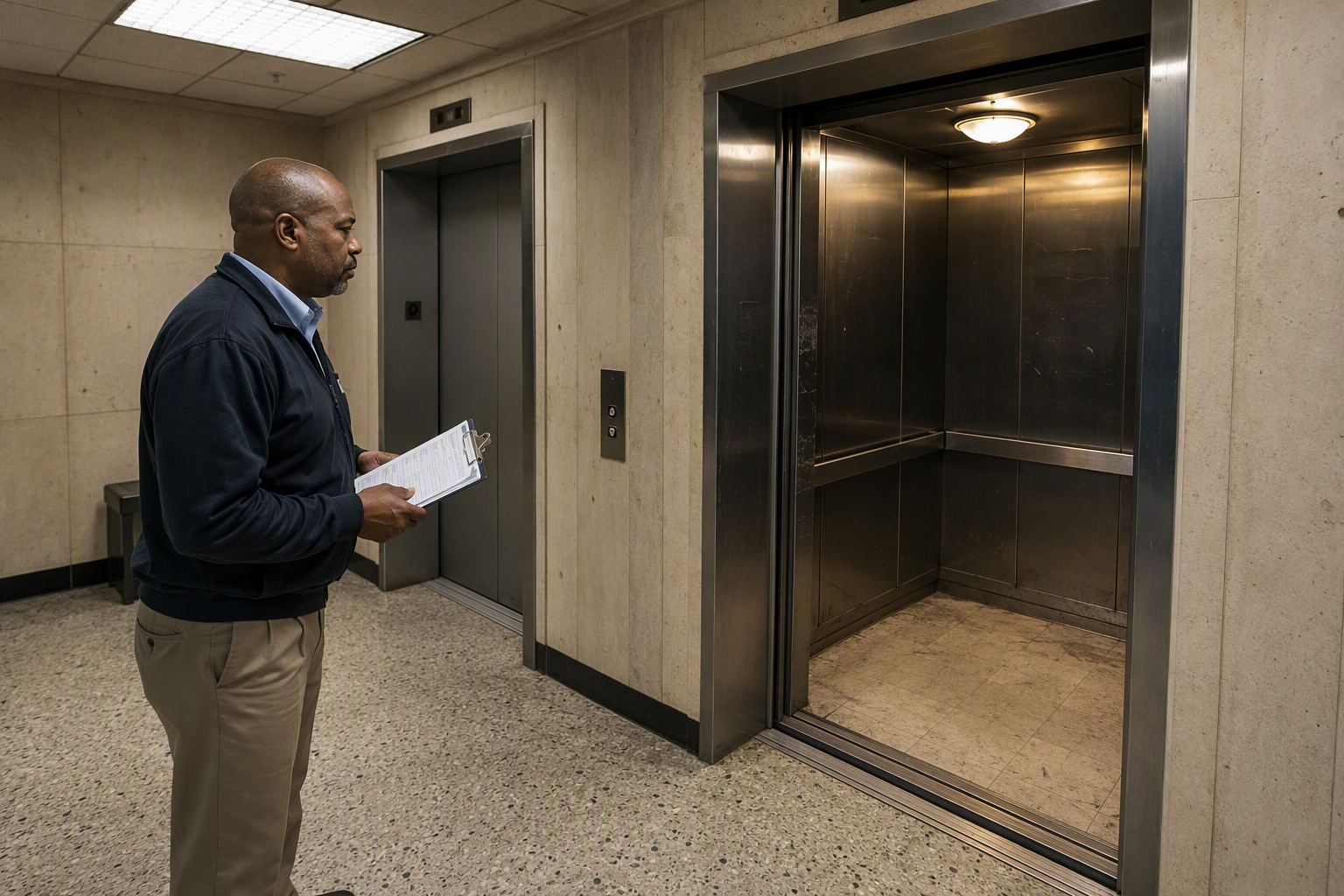Facilities manager evaluating an aging elevator cab in a Baltimore office building, weighing whether to repair or modernize after a major breakdown