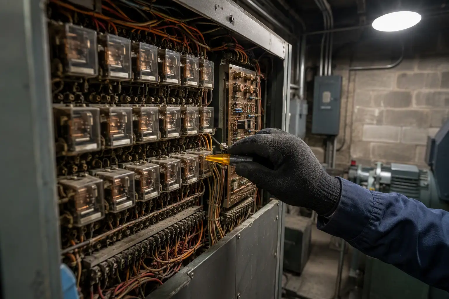 Technician inspecting an aging relay-logic elevator controller in a Baltimore machine room, identifying obsolete components that signal elevator modernization is needed over simple repair