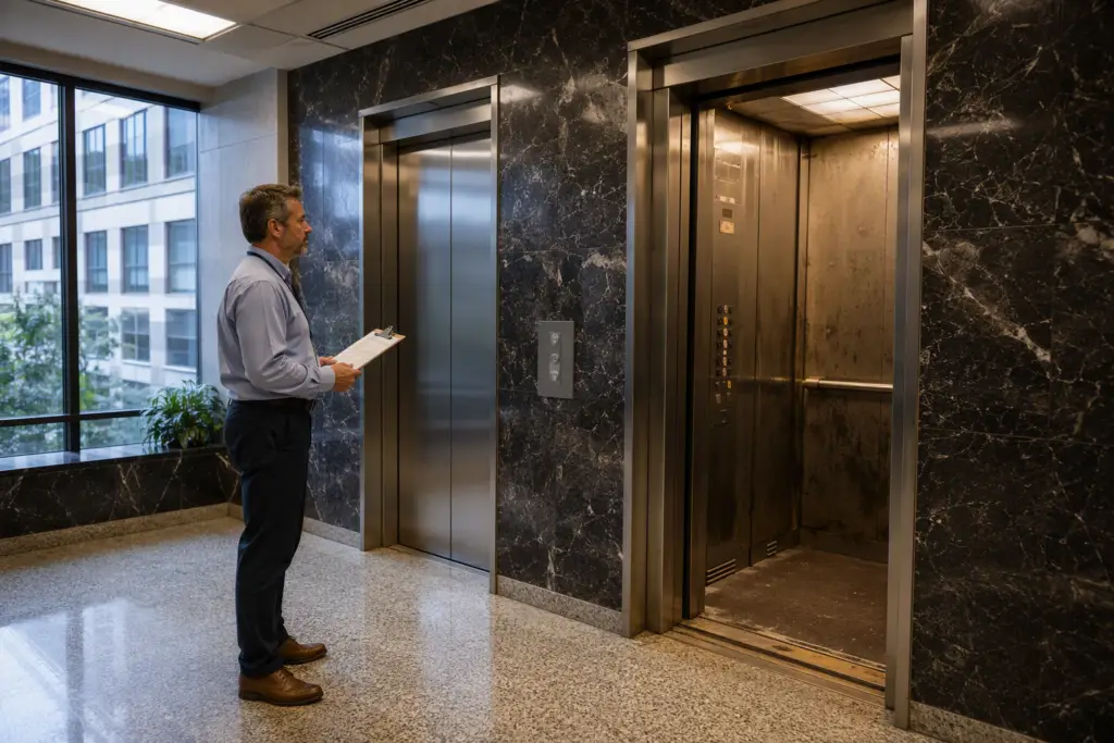 Building facility manager in a Washington DC office lobby comparing an aging elevator cab to a modern unit, evaluating signs that the elevator needs modernization versus repair