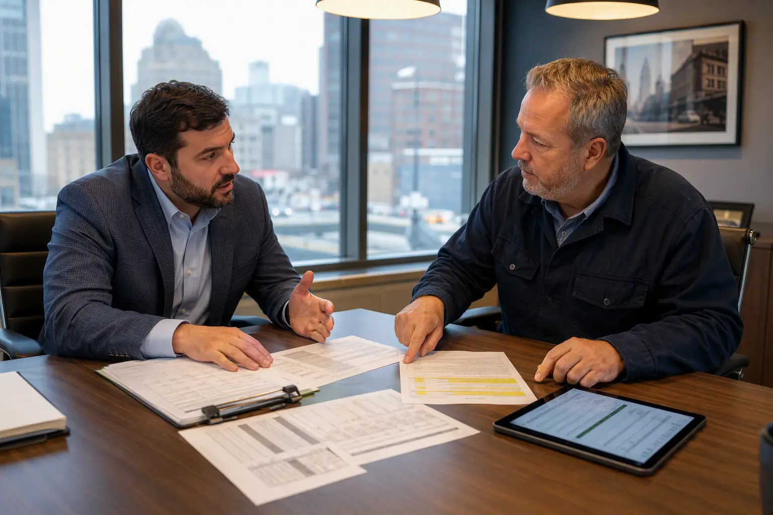 Building manager and elevator inspector reviewing service records and ASME code compliance documents in a Philadelphia office to determine if elevator needs modernization versus ongoing repair