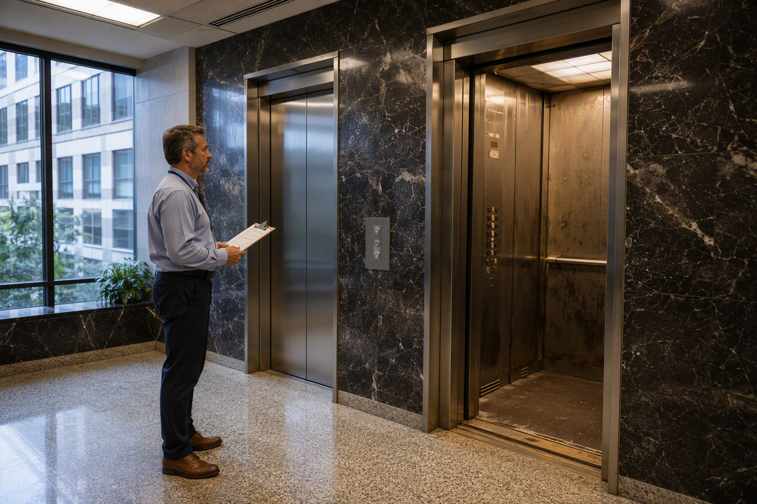 Building facility manager in a Washington DC office lobby comparing an aging elevator cab to a modern unit, evaluating signs that the elevator needs modernization versus repair