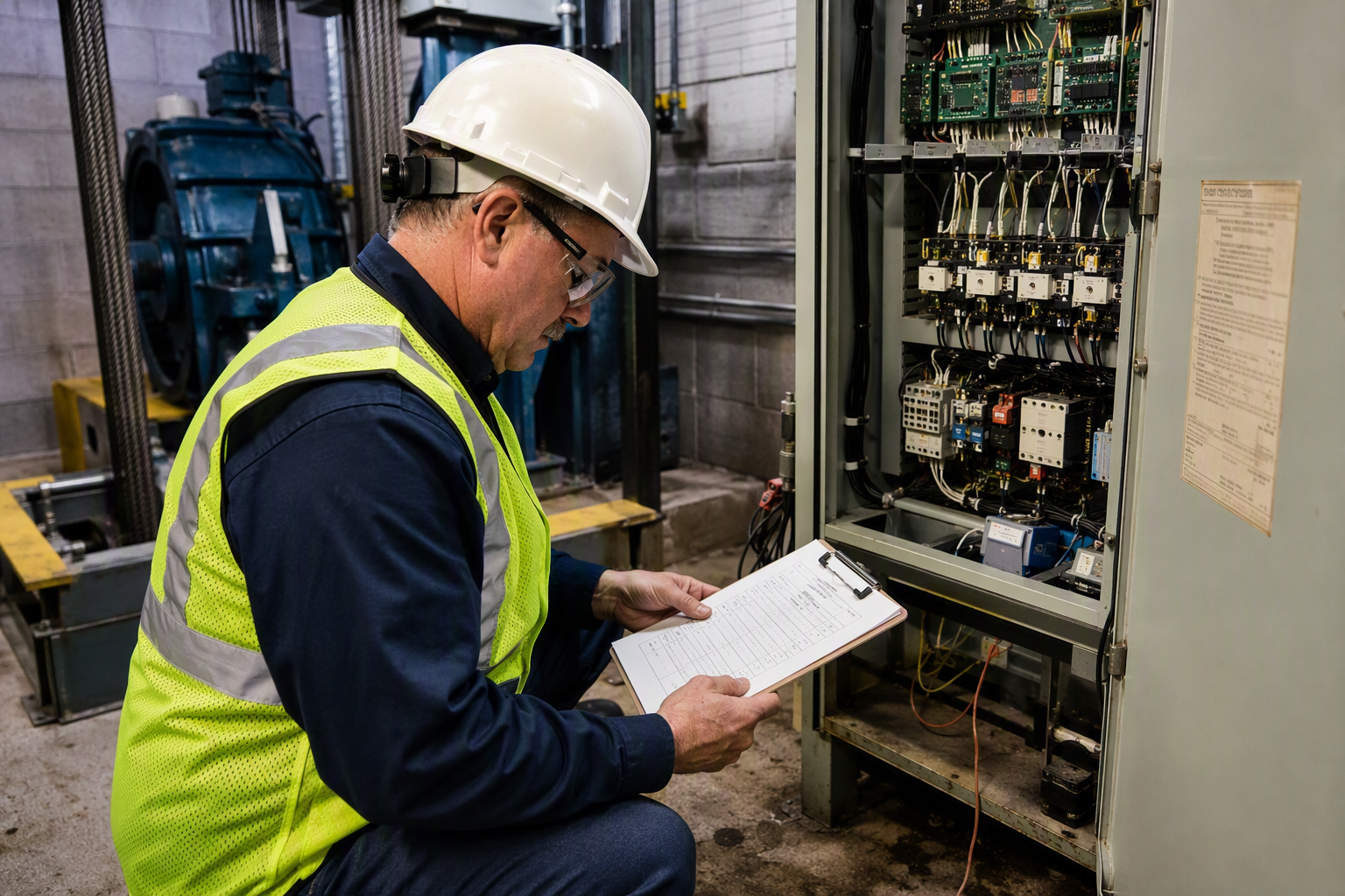 Licensed elevator inspector reviewing a code-compliance checklist on a clipboard inside an open machine room with an ASME A17.1 controller cabinet in Washington DC.