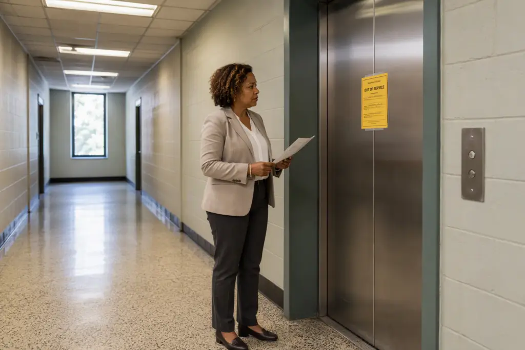 Building manager reading an official elevator out-of-service shutdown order posted on a stainless-steel elevator door in a Baltimore commercial building corridor.