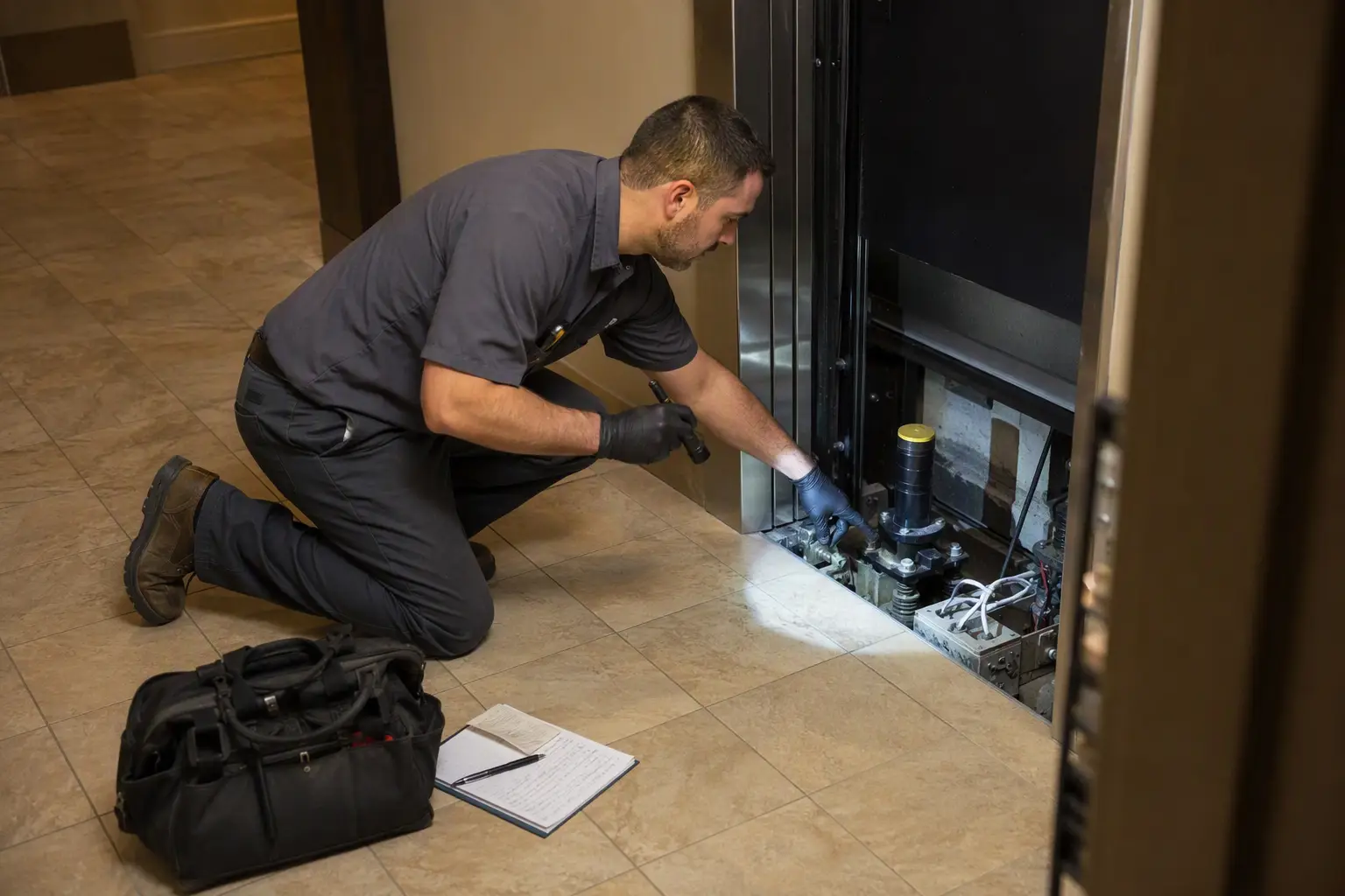 Elevator service technician inspecting pit equipment with a flashlight after a failed inspection violation order in a Philadelphia multifamily residential building lobby.