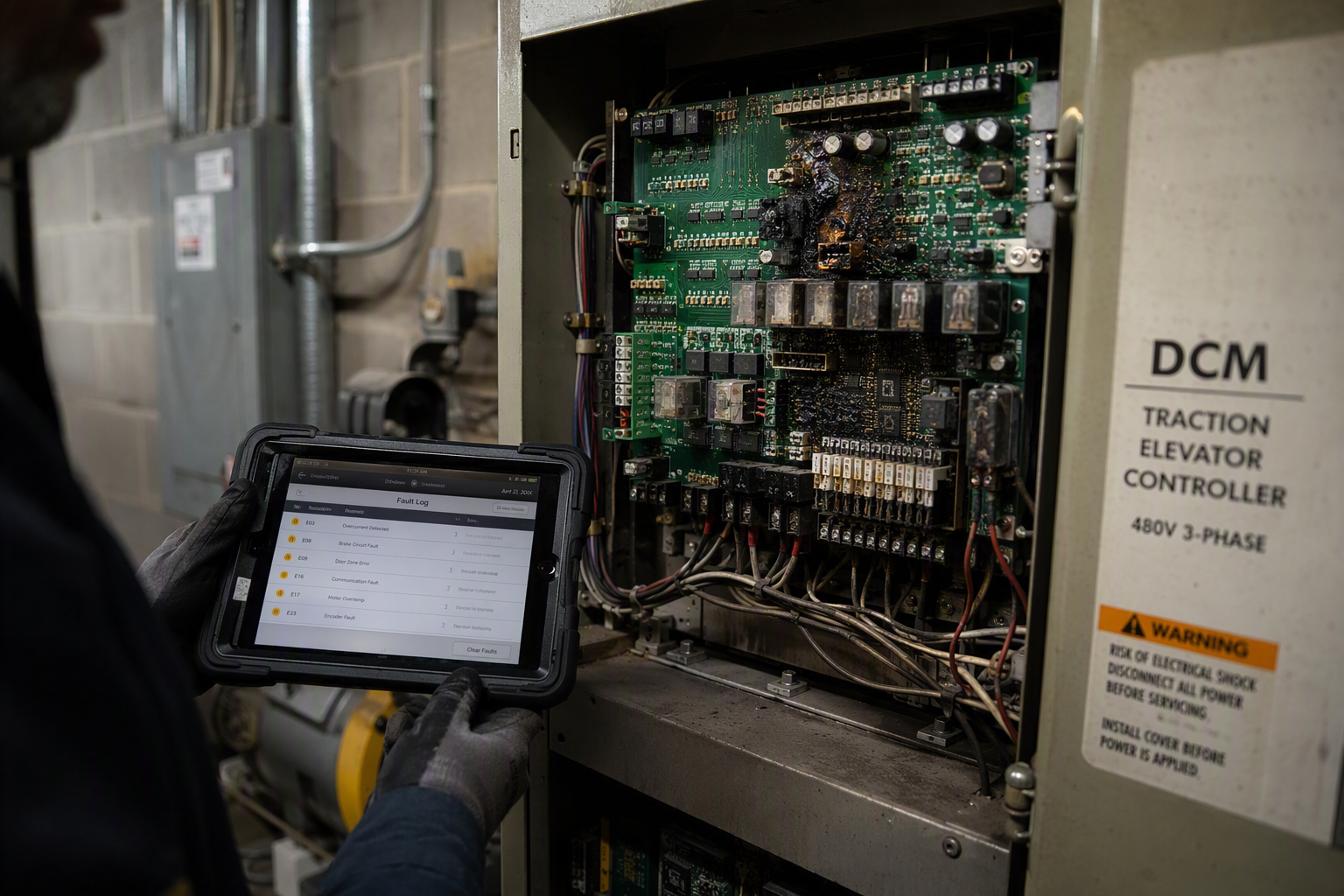 Failed Controller Component in Elevator Machine Room Elevator machine room controller showing heat-discolored relay board, a sign that elevator components need emergency inspection before complete failure