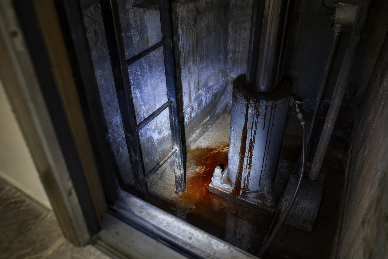 Hydraulic Fluid Leak Detected in Elevator Pit Hydraulic elevator pit showing fluid leak around cylinder base, a critical warning sign requiring emergency elevator repair in Washington DC or Baltimore