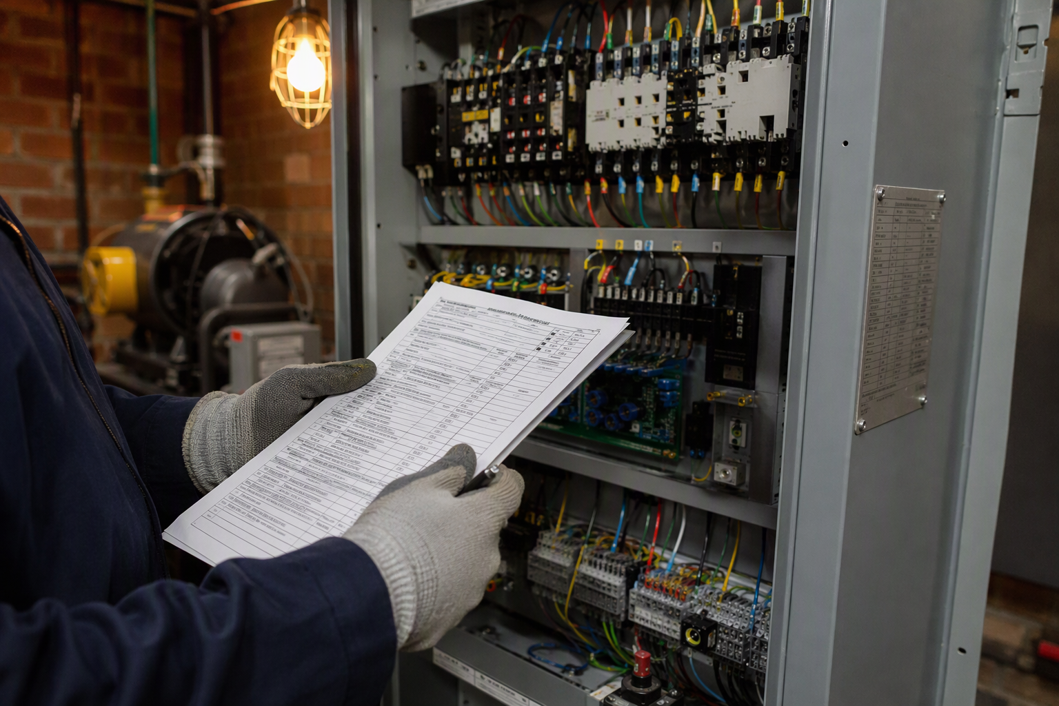 Elevator machine room controller cabinet in a Baltimore commercial building, showing wiring, contactors, and code data plate reviewed against an ASME A17.3 inspection checklist.