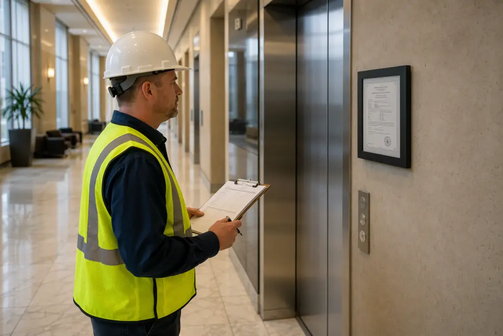 Elevator inspector reviewing a certificate of operation on the wall beside stainless-steel elevator doors in a Washington DC commercial building lobby during fall inspection season.
