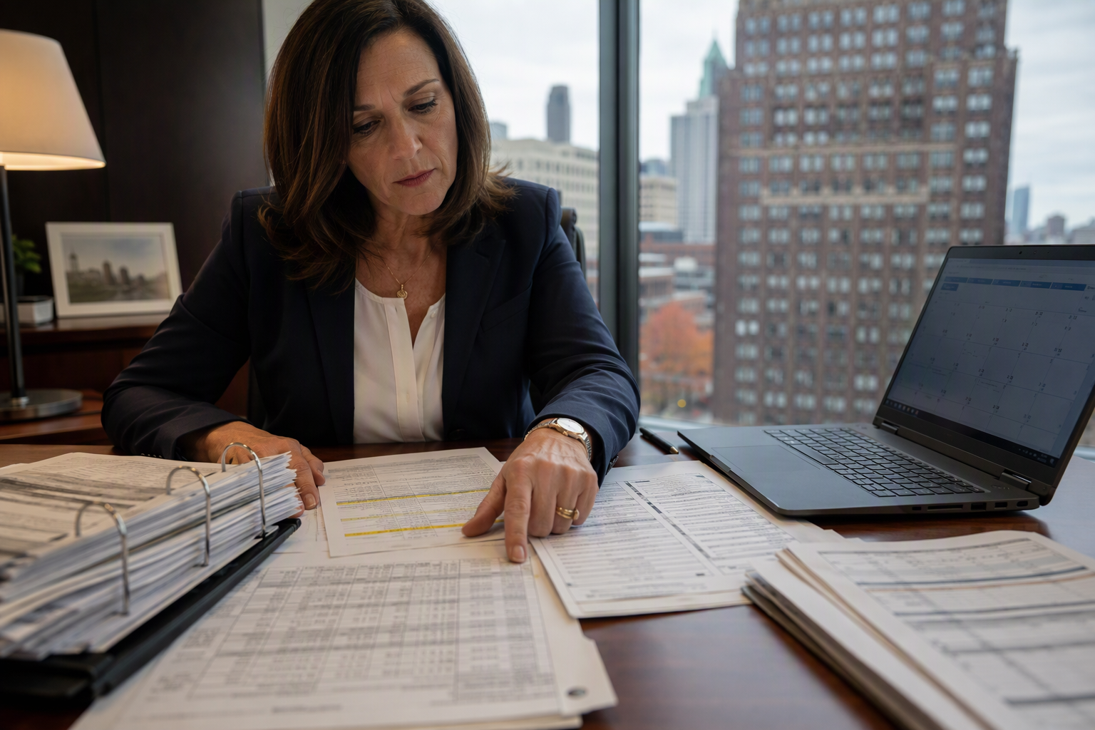 Building property manager in a Philadelphia office reviewing elevator maintenance logs, inspection reports, and compliance documentation at least 60 days before a scheduled state elevator inspection.