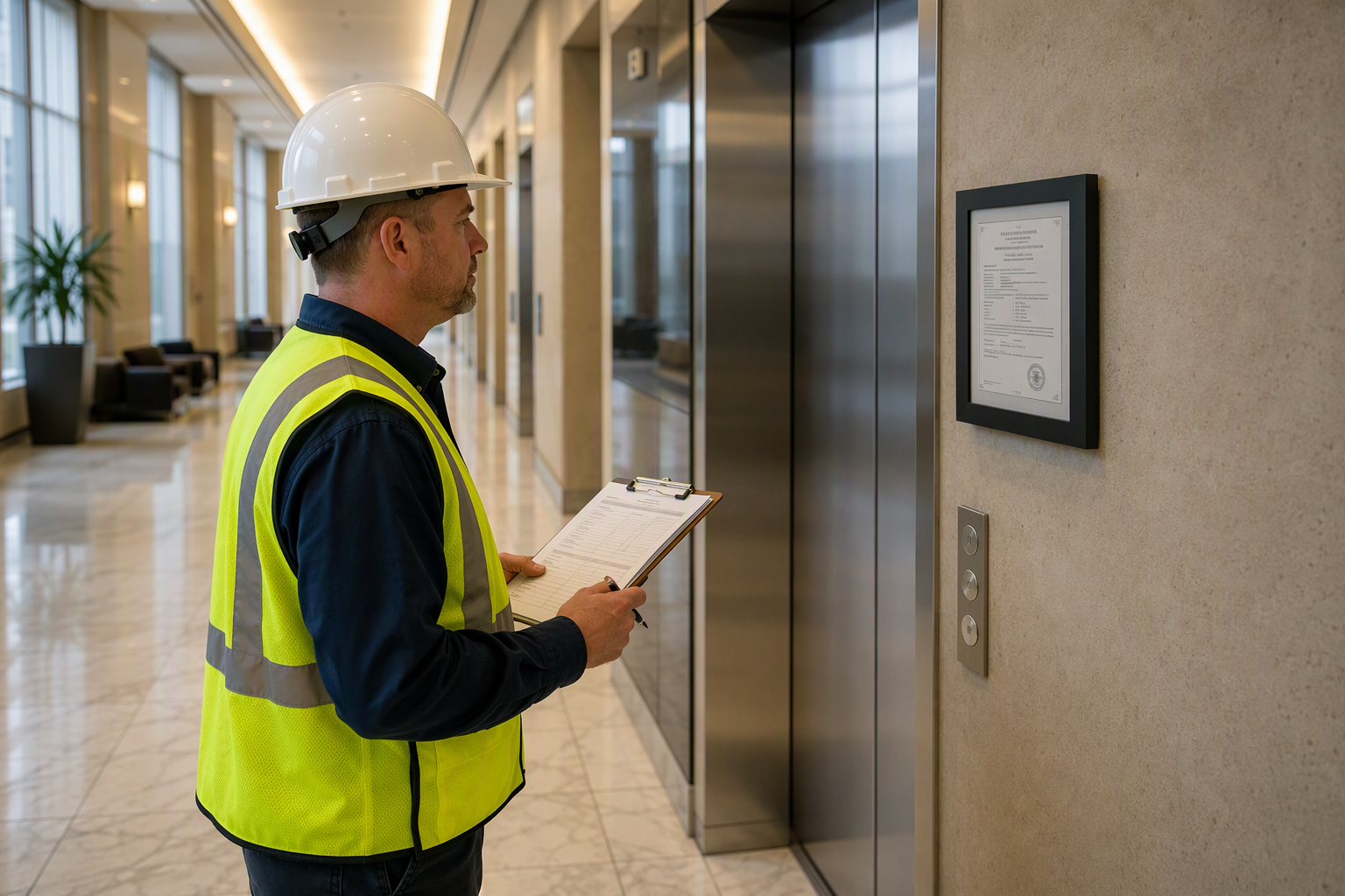 Elevator inspector reviewing a certificate of operation on the wall beside stainless-steel elevator doors in a Washington DC commercial building lobby during fall inspection season.